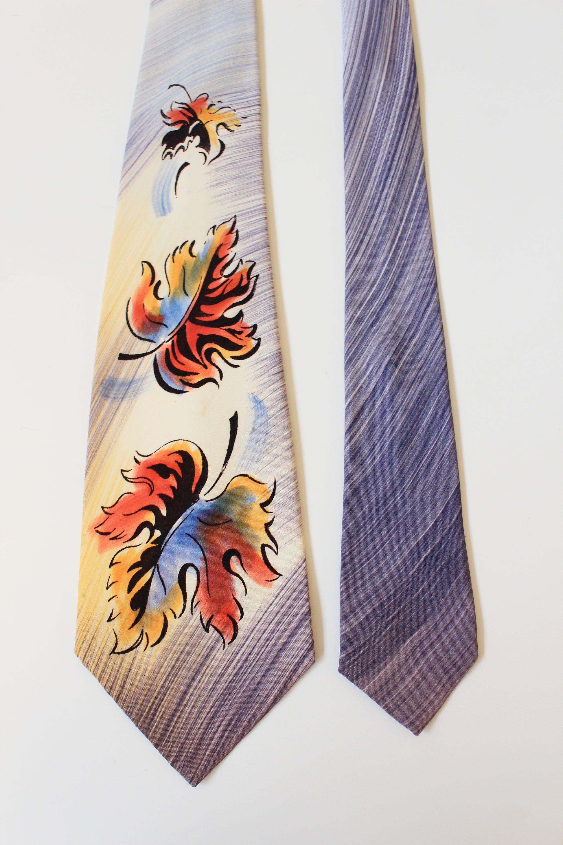 Vintage 1950s Purple And Yellow Fall Leaf Hand-Painted Tie