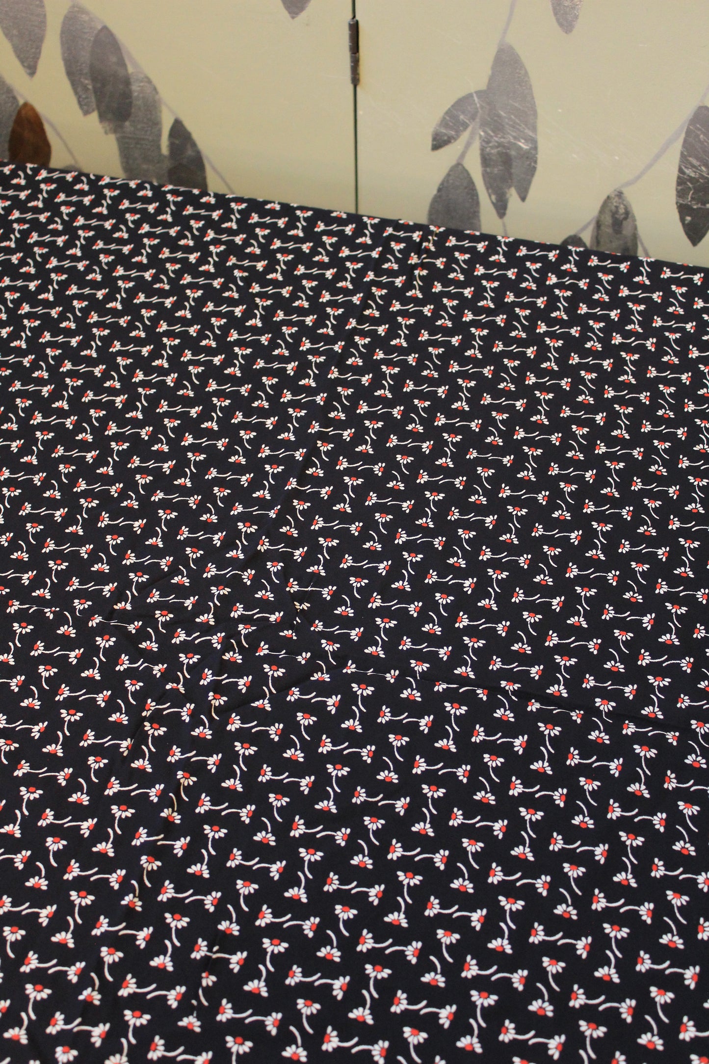 1930s Navy Blue And White With Red Flowers Rayon Fabric, 3 Yards
