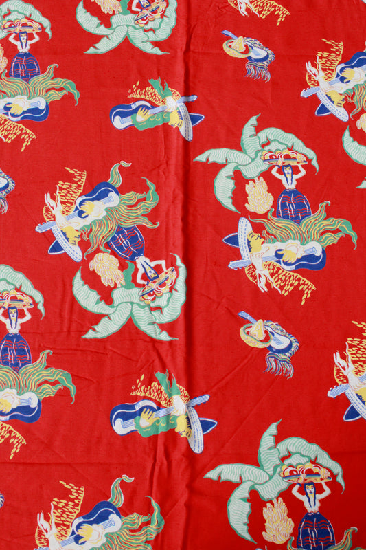 Vintage 1940s Red And Green Mexican Couple Illustration Rayon Fabric, Unique 40s Novelty Print, 4 Yards