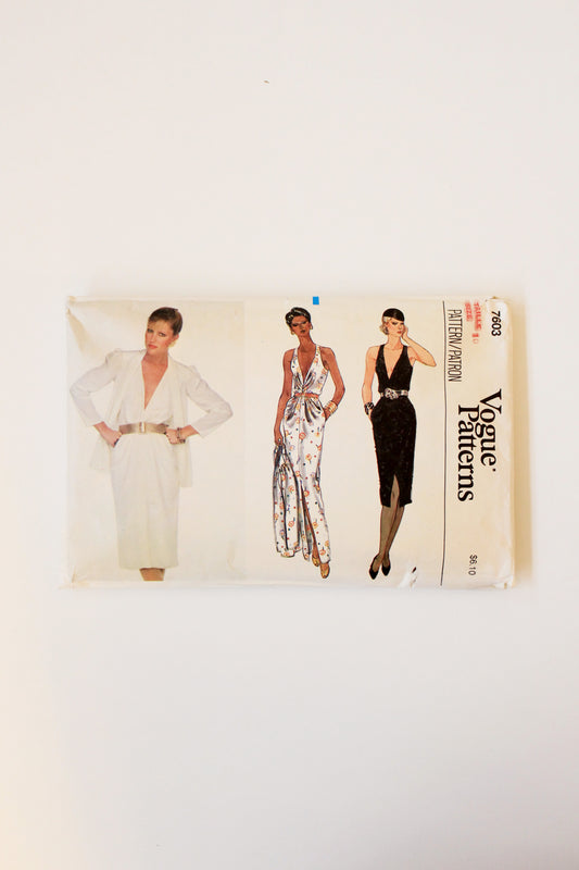 1980s Misses Jacket And Deep V Dress Vogue Patters 7603 Sewing Pattern, Cut-Complete Size 10