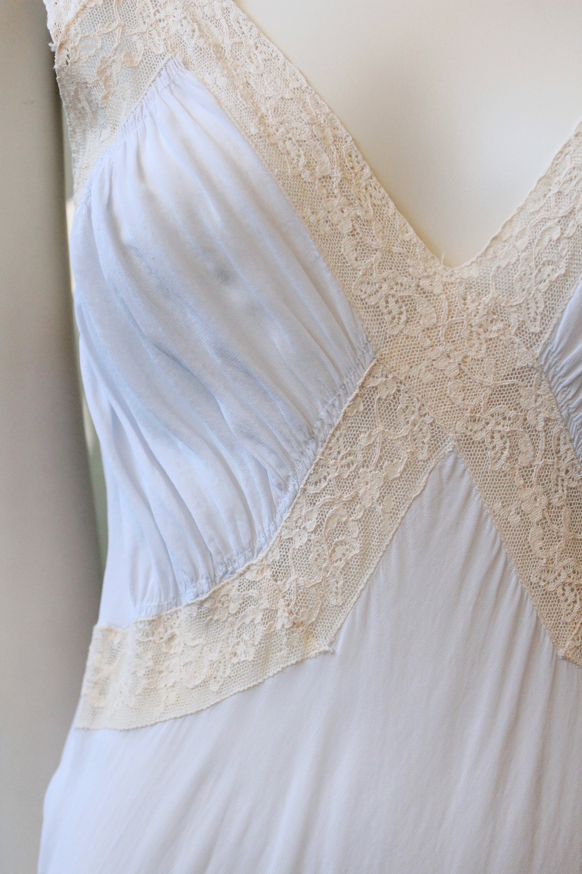 1940s Pale Blue Bias Cut Nightgown With Lace Trim, Small