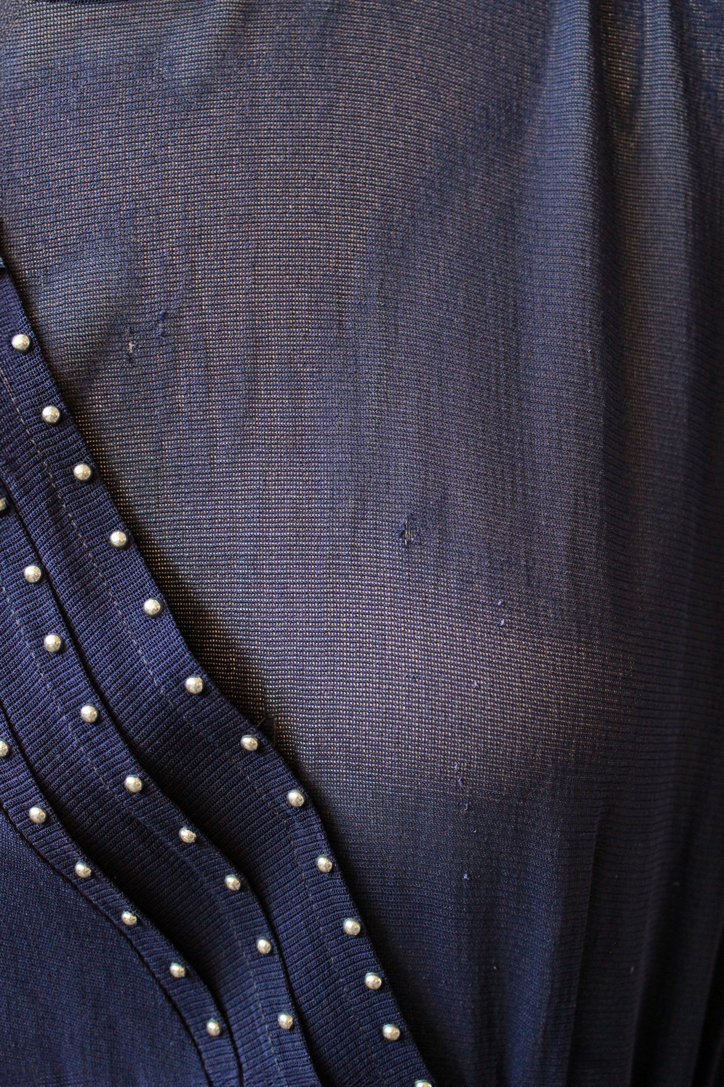 1940s Navy Blue Sheer Net Dress With Bow And Round Studs, Medium