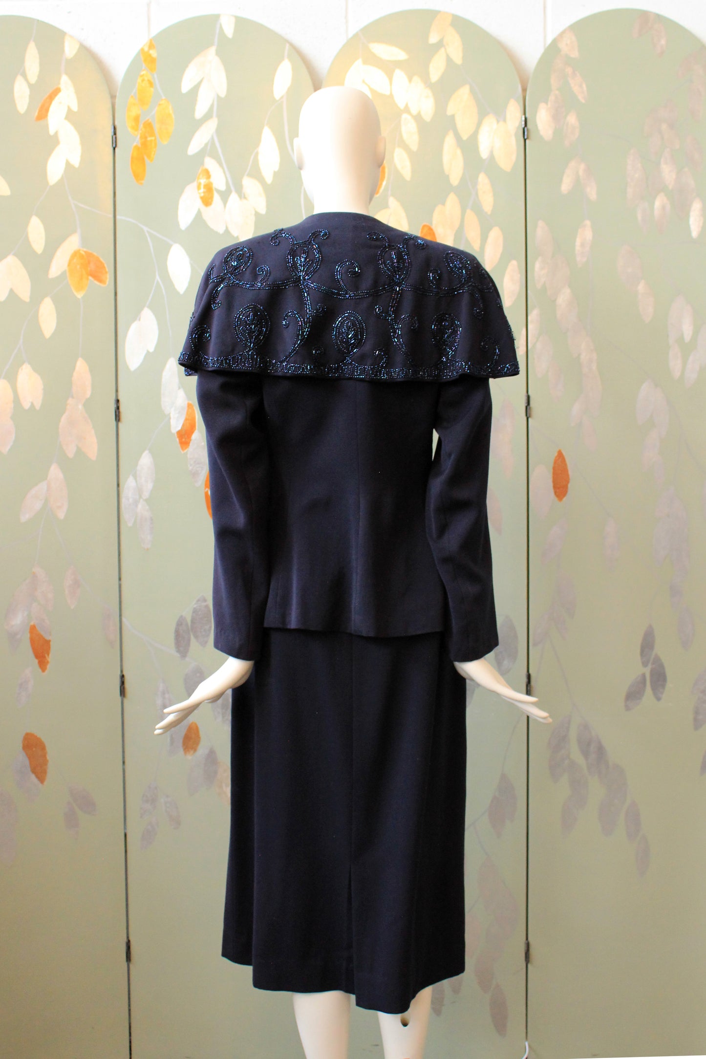 Vintage 1950s Post War Navy Blue Beaded Capelet Wool Skirt Suit Set, XS