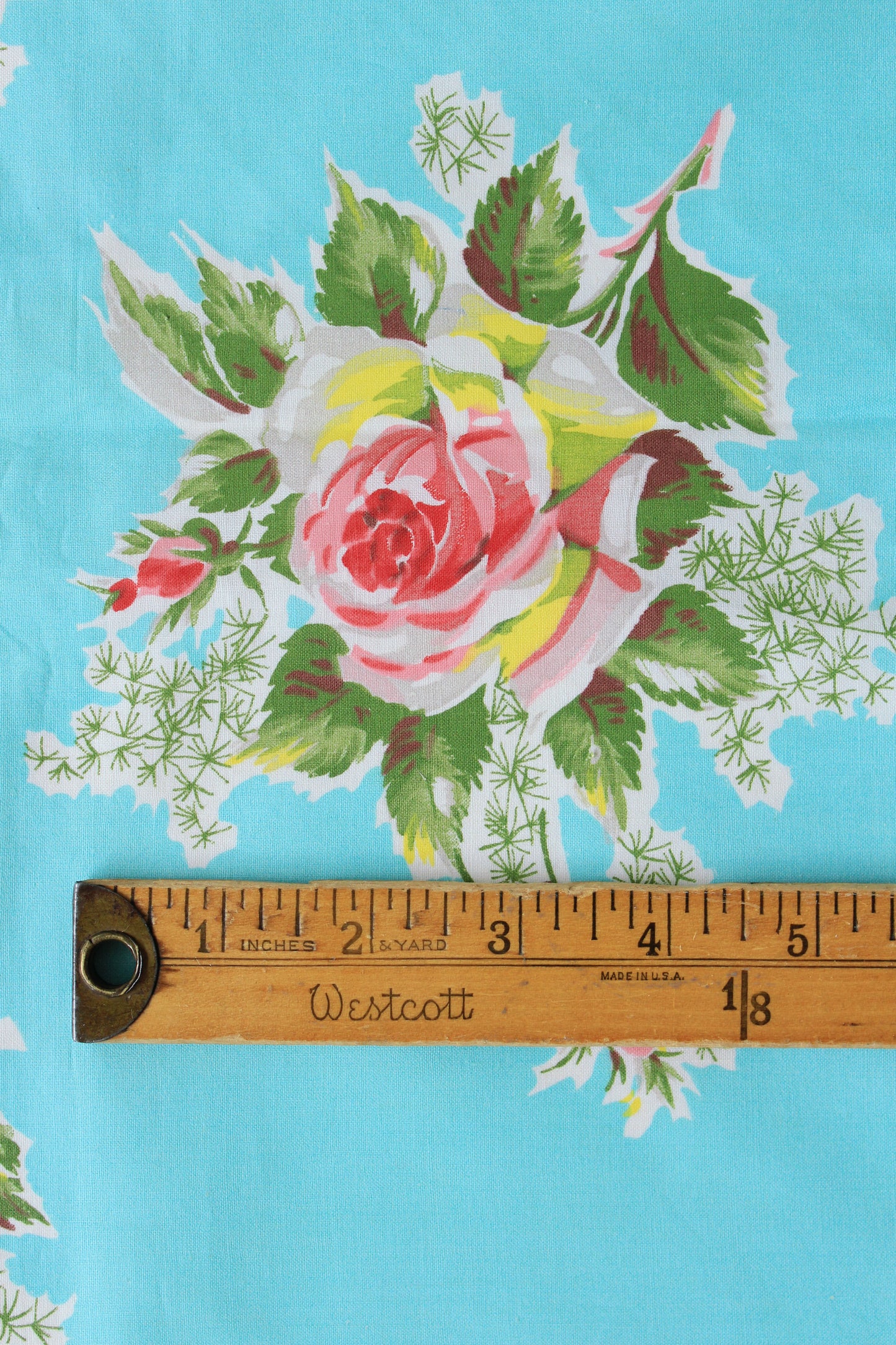 1950s Bright Blue And Romantic Illustrated Floral Cotton Fabric, 3.9 Yards