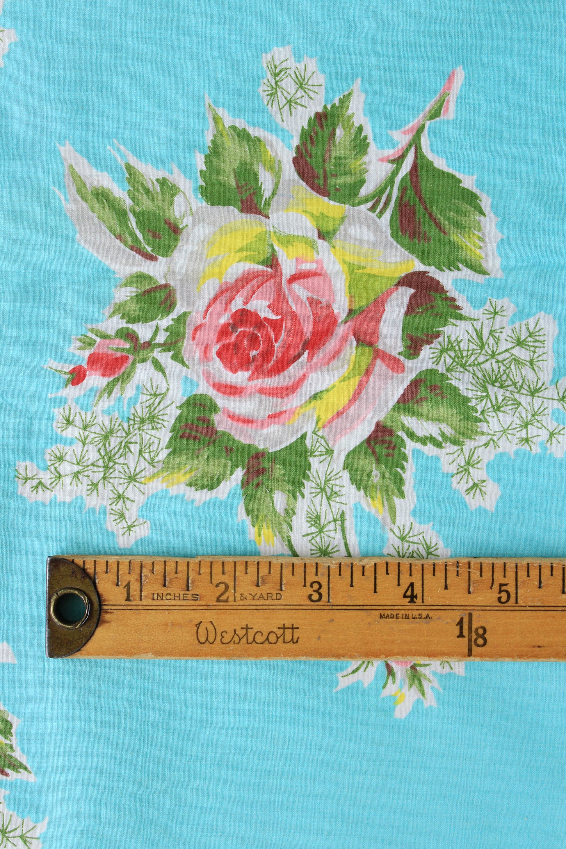 1950s Bright Blue And Romantic Illustrated Floral Cotton Fabric, 3.9 Yards