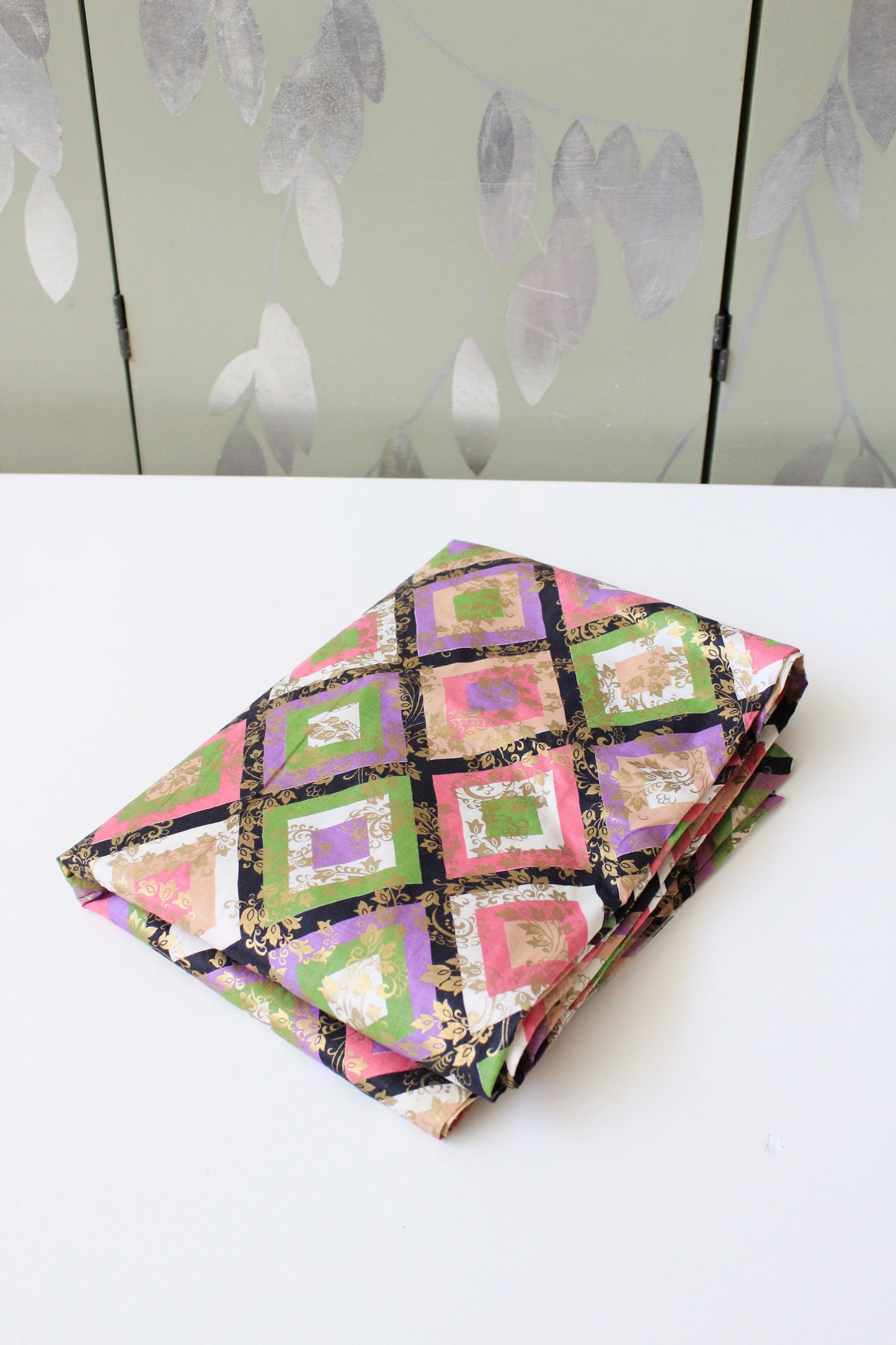 1960s Colourful Geometric Diamond Print Fabric Pink/Green/Purple, 1.6 Yards / 4.1 Yards