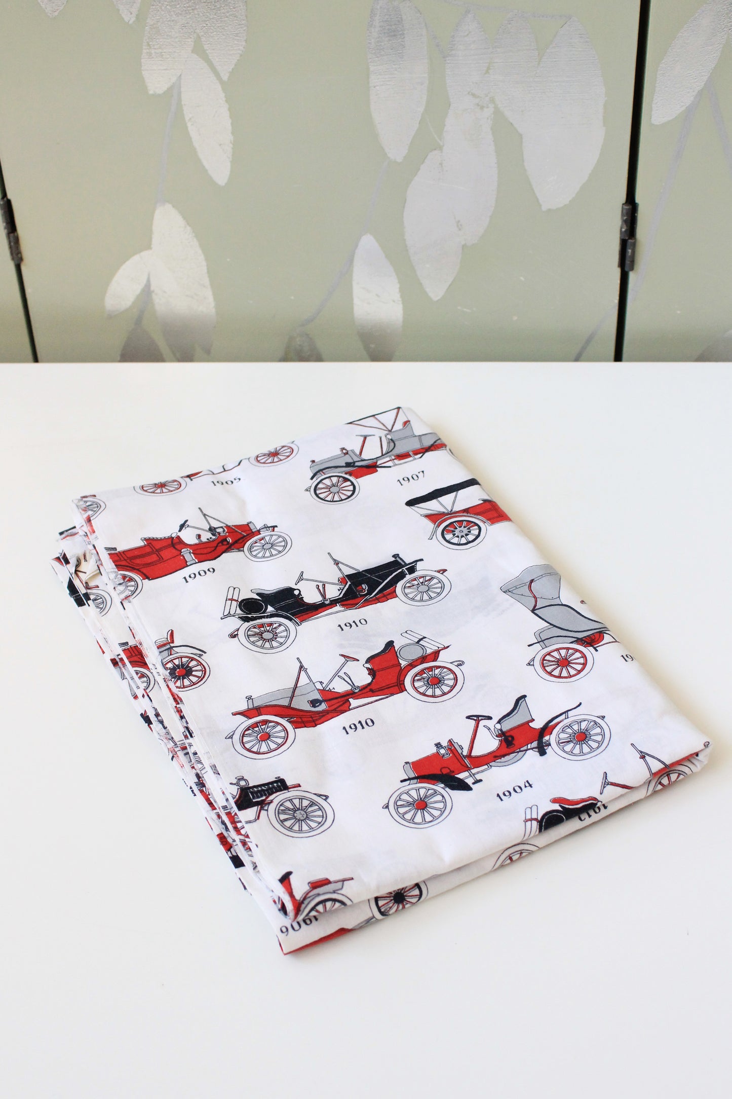 1950s/60s Novelty Antique Car Cotton Sewing Fabric In Red/Black/White, 4 Yards