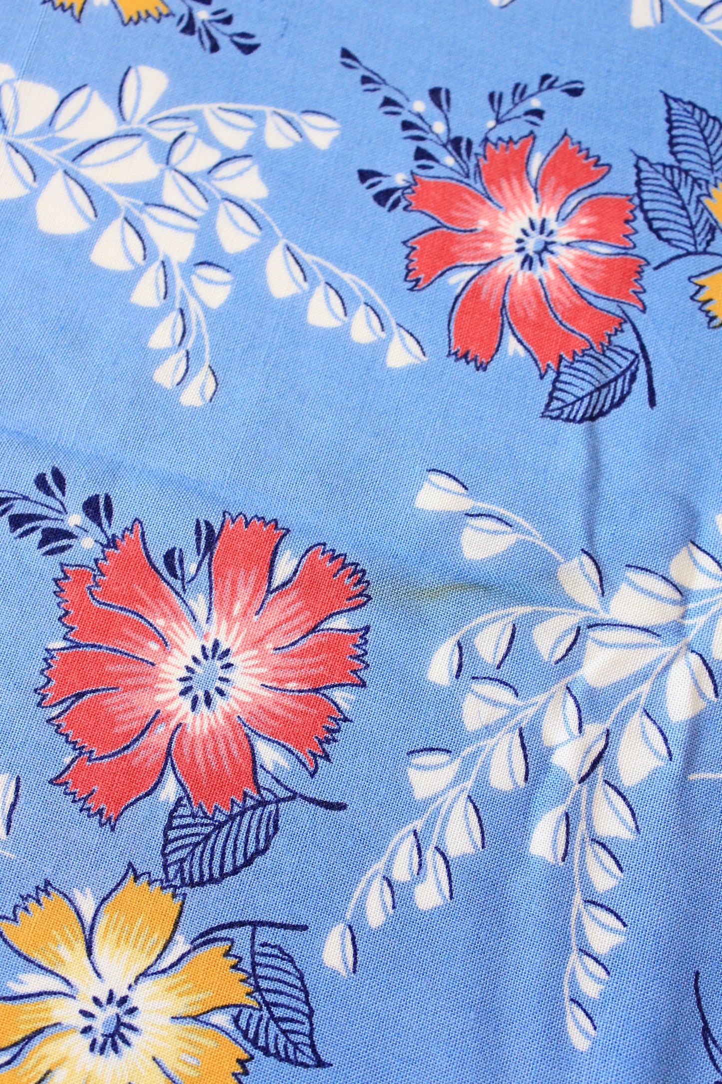 1940s Medium Blue With Red And Yellow Tropical Flowers, Rayon Fabric, 8 Yards
