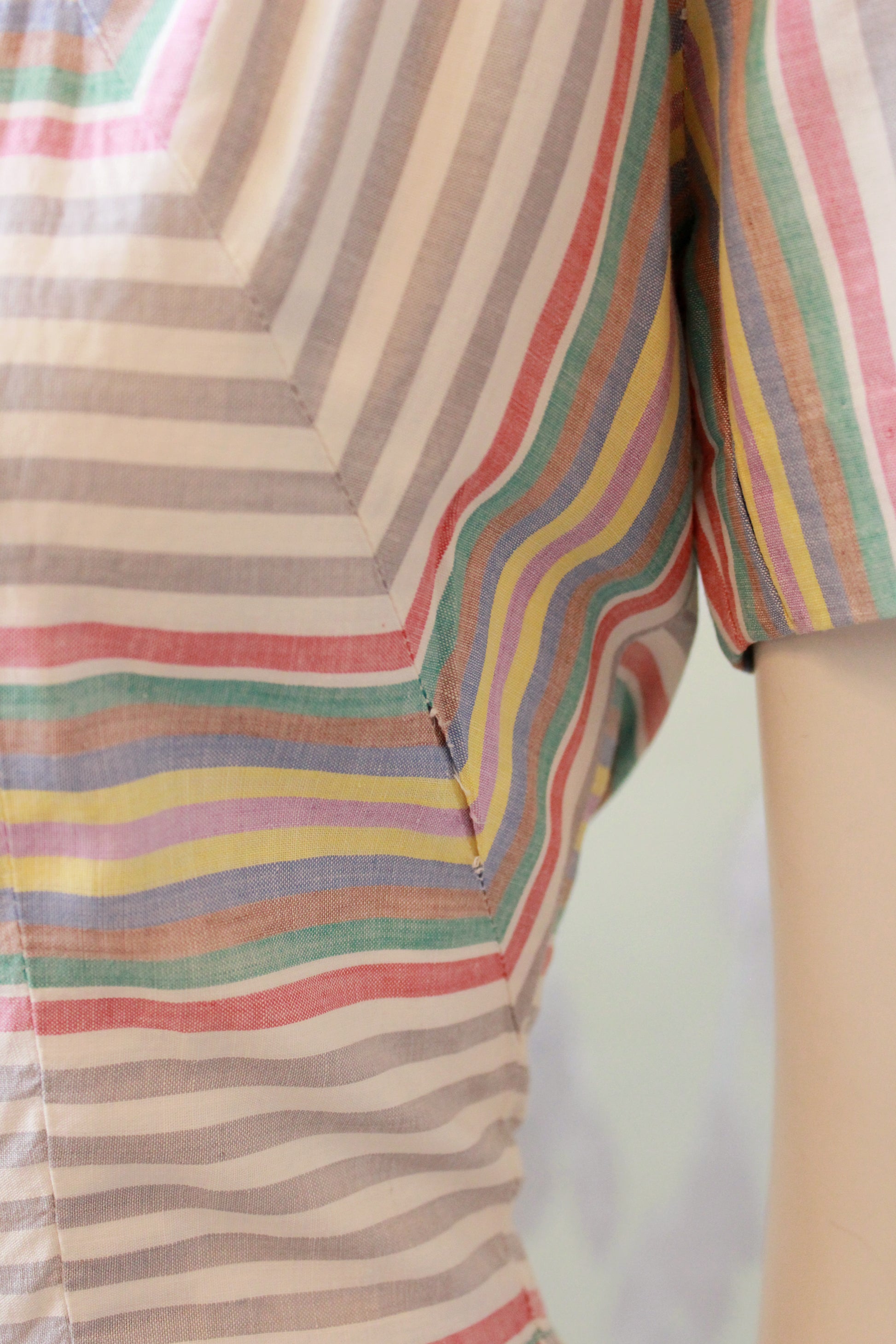 1940s Grey And White With Multicoloured Stripes Short Sleeve Cotton Dress