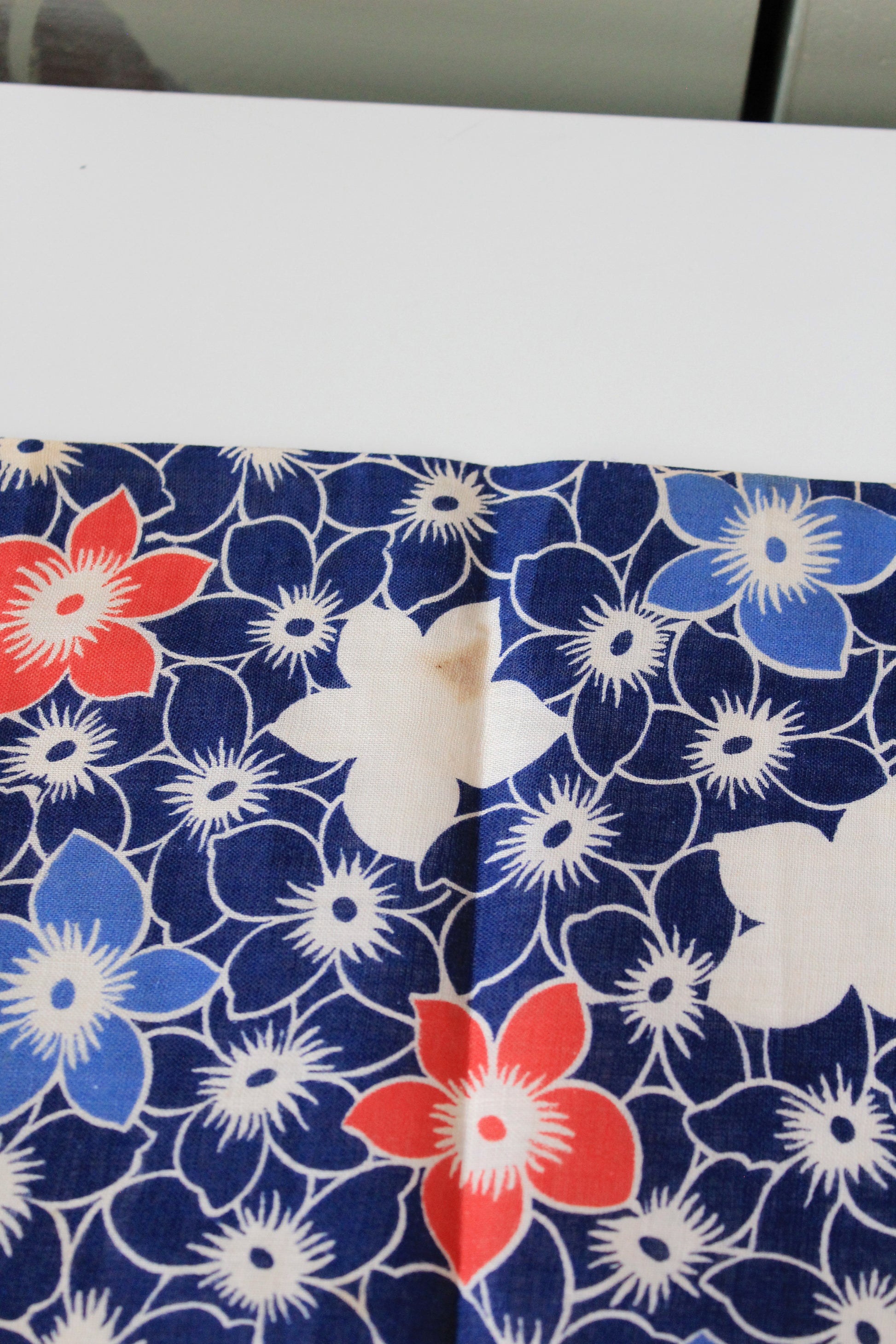 1940s Blue/White/Orange Repeating Flower Cotton Fabric, 6.75 Yards