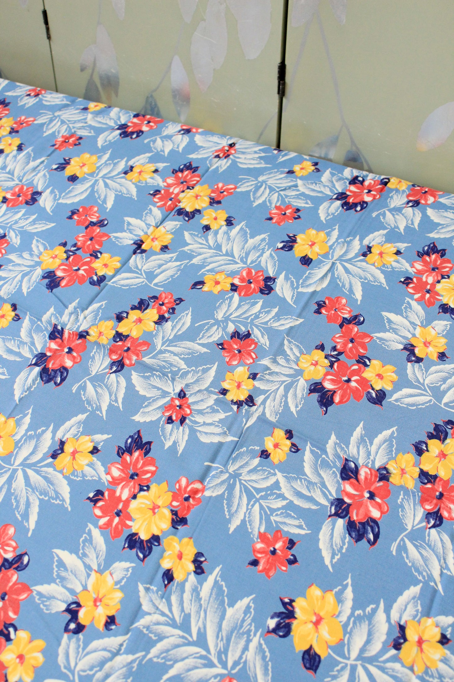 1940s Light Blue Rayon Fabric With Red And Yellow Tropical Flowers, 6.5 Yards