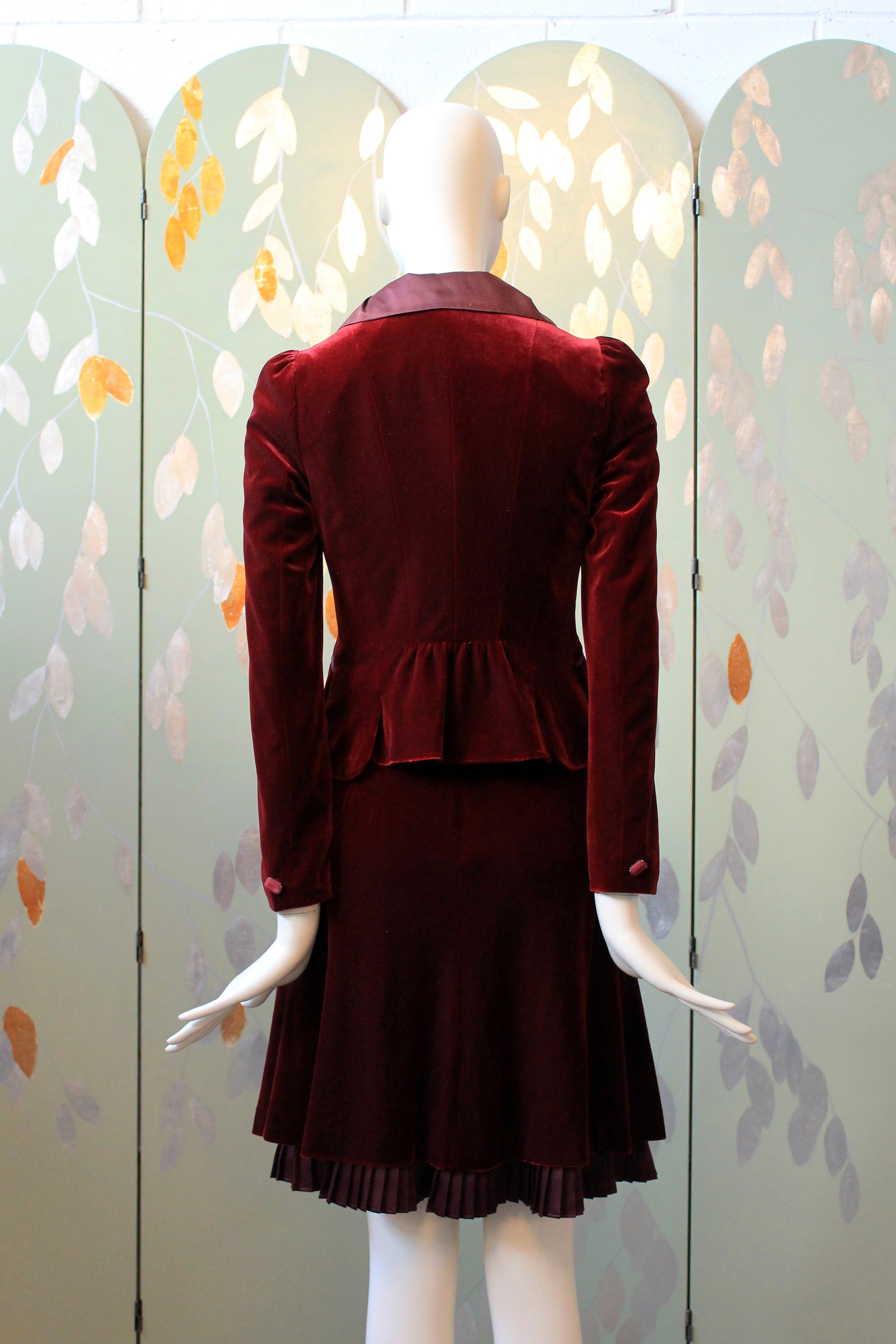 Early 2000s Burgundy Velvet Skirt Suit Set With Decorative Clasp, Small