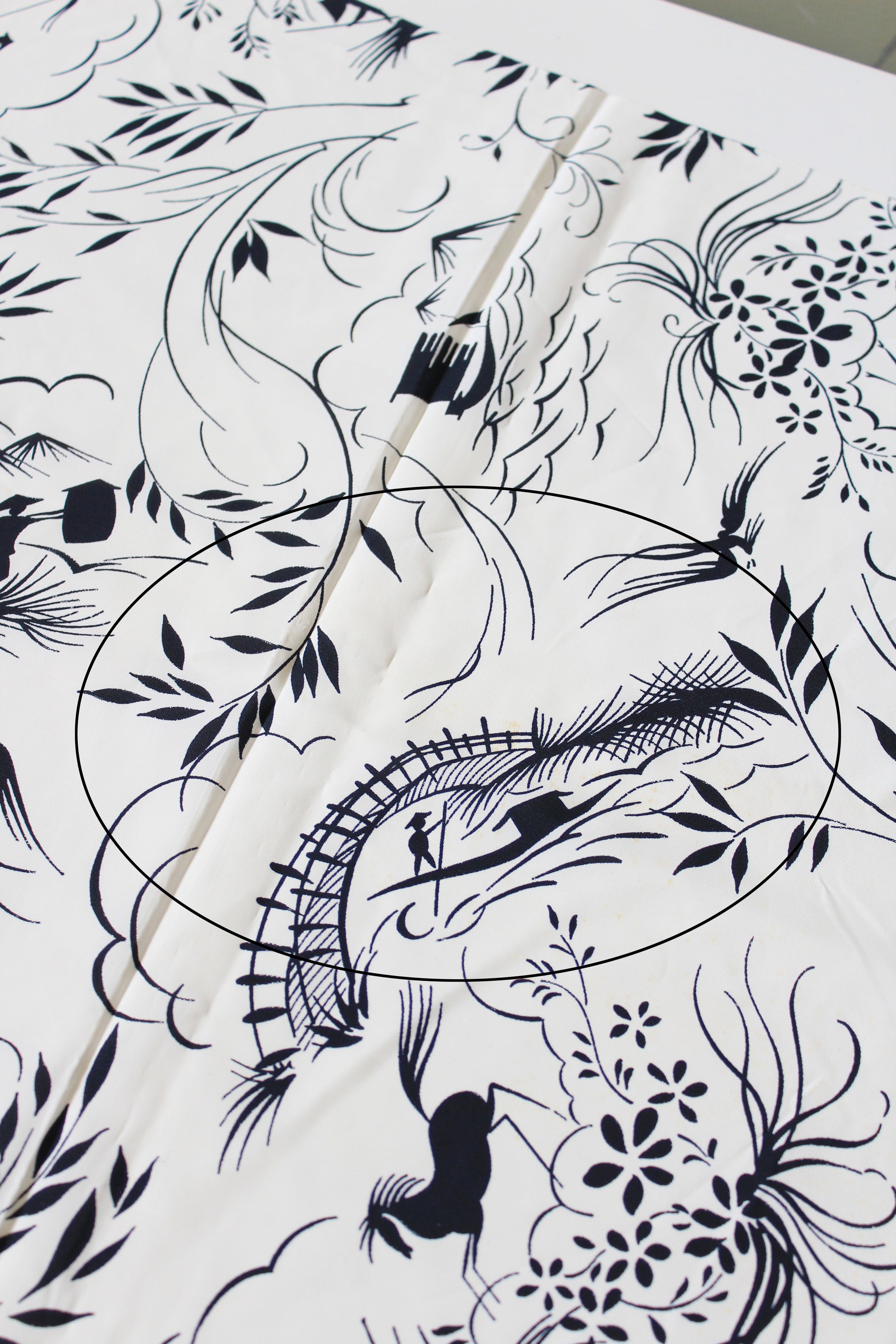 1940s Novelty Black And White Every Day Asian Countryside Print Rayon Sewing Fabric, 3.9 Yards