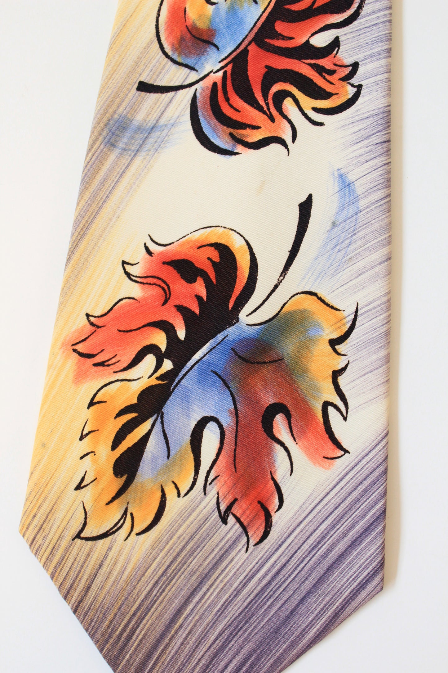 Vintage 1950s Purple And Yellow Fall Leaf Hand-Painted Tie