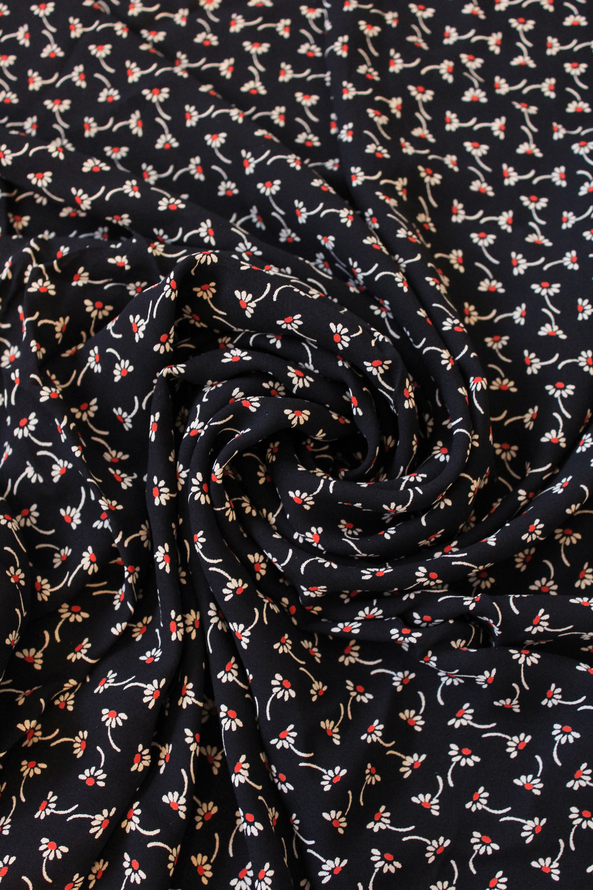 1930s Navy Blue And White With Red Flowers Rayon Fabric, 3 Yards