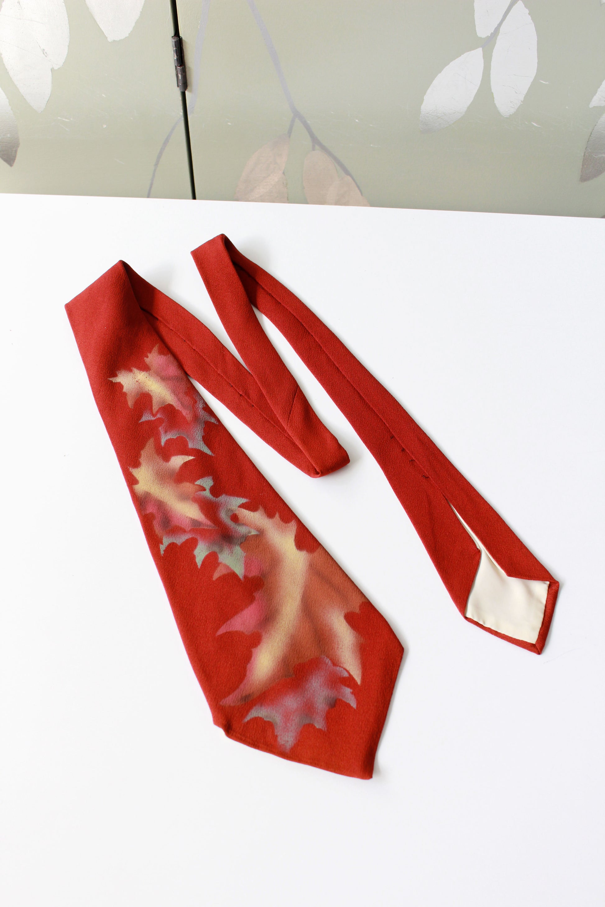 Vintage 1950s Rust Coloured Hand Painted Tie With Falling Leaves