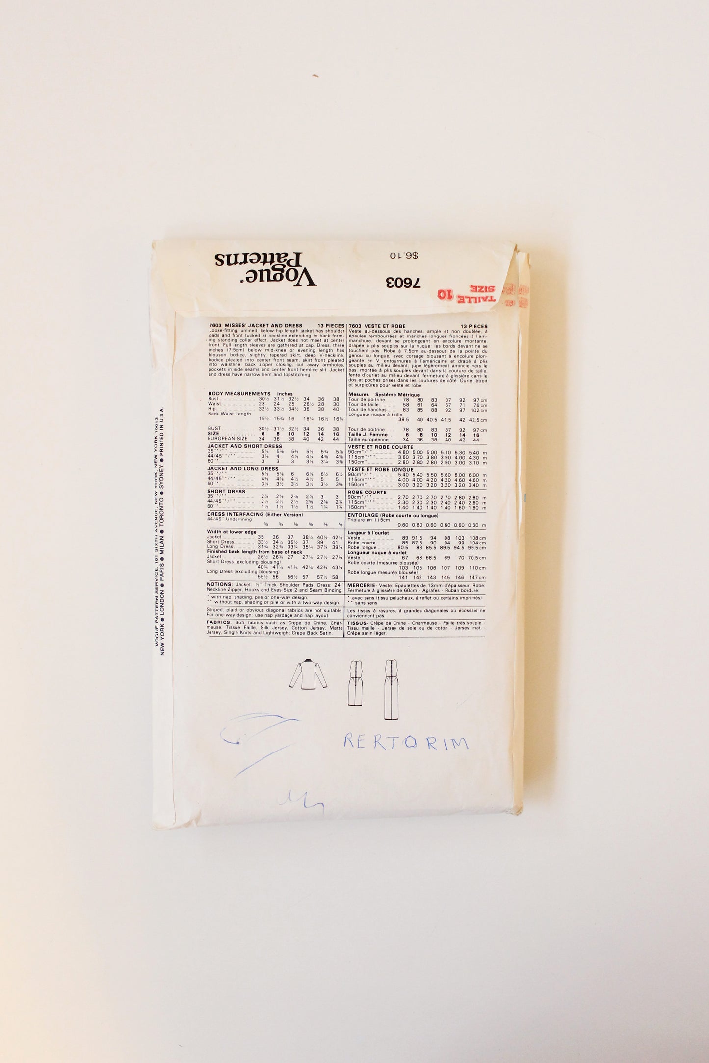 1980s Misses Jacket And Deep V Dress Vogue Patters 7603 Sewing Pattern, Cut-Complete Size 10