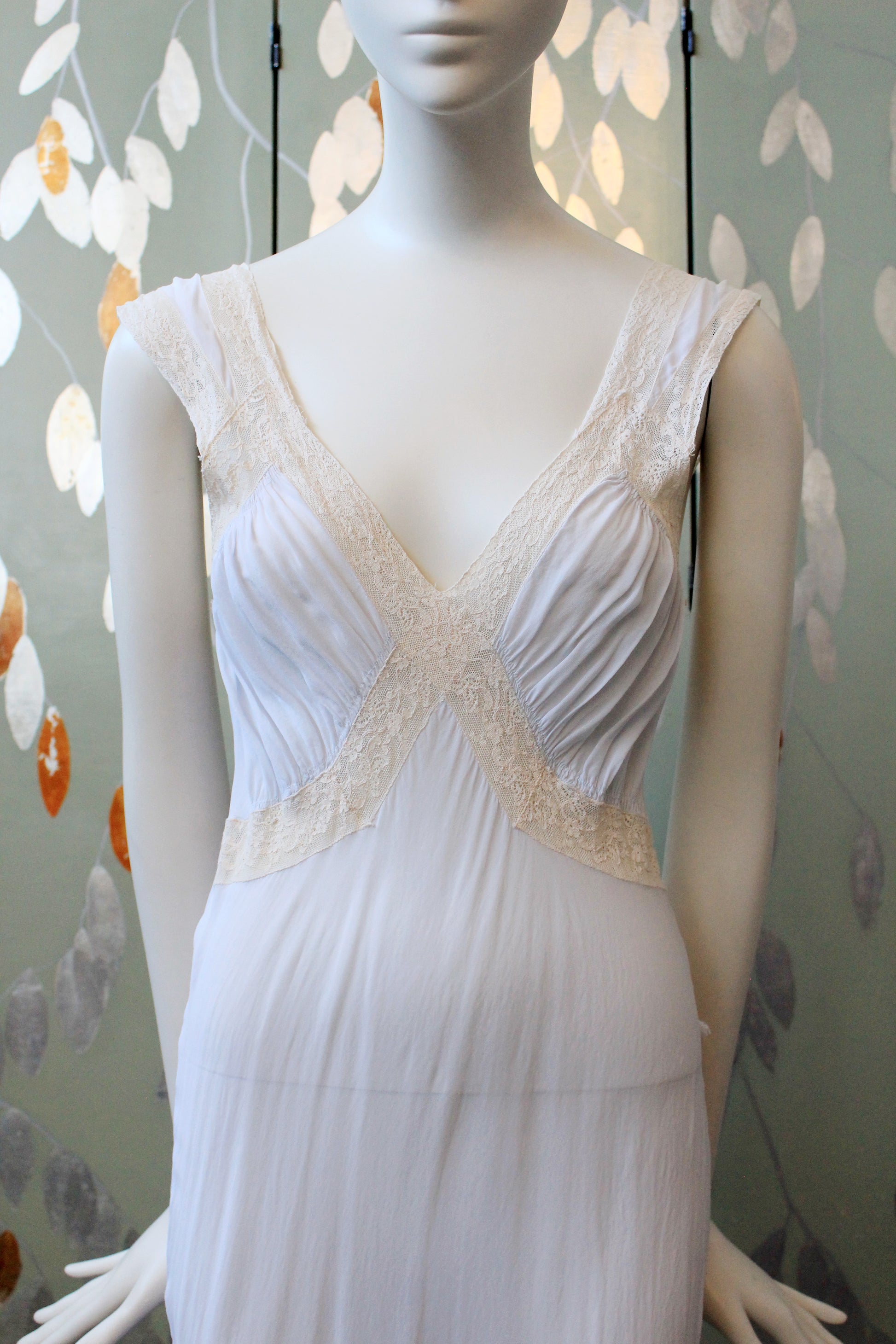 1940s Pale Blue Bias Cut Nightgown With Lace Trim, Small