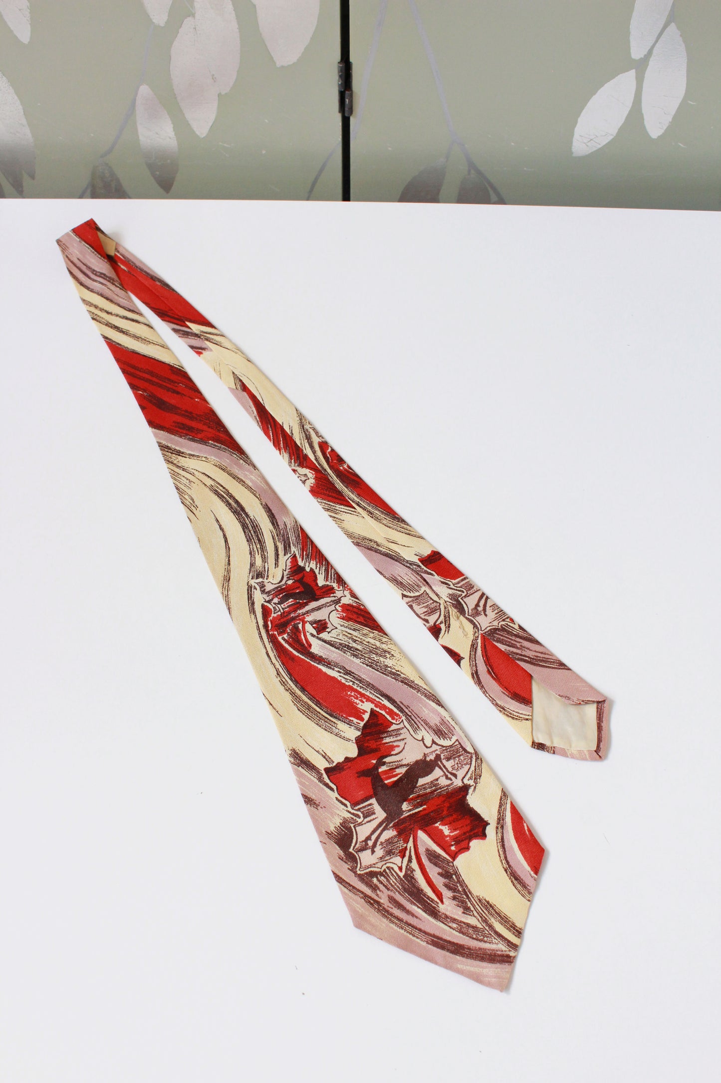 Vintage 1940s Abstract Deer Rayon Tie, Rhythmic Flight