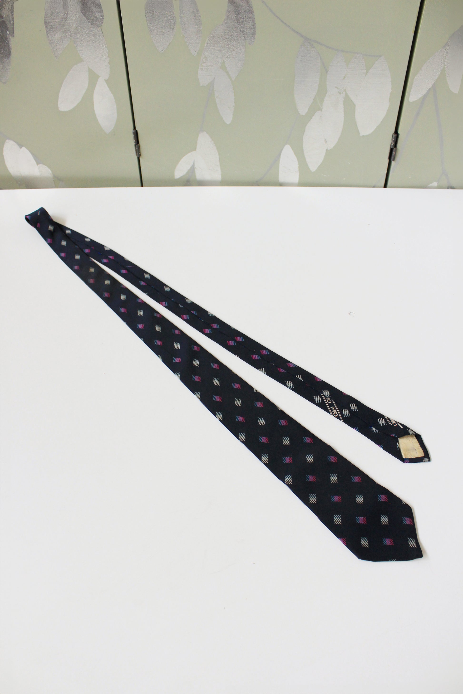 1980s Chloé Blue Square Polka Dot Silk Designer Tie