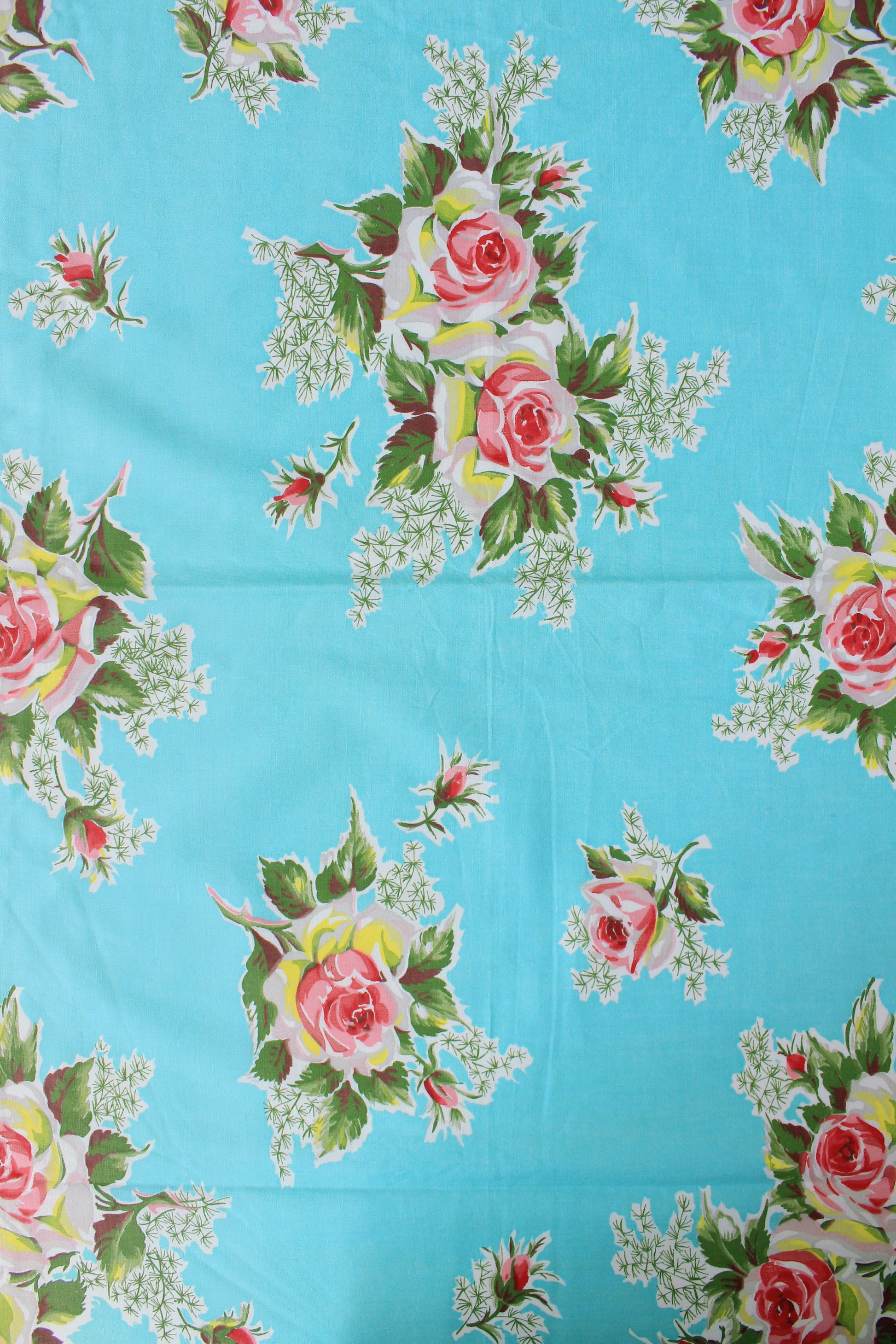 1950s Bright Blue And Romantic Illustrated Floral Cotton Fabric, 3.9 Yards