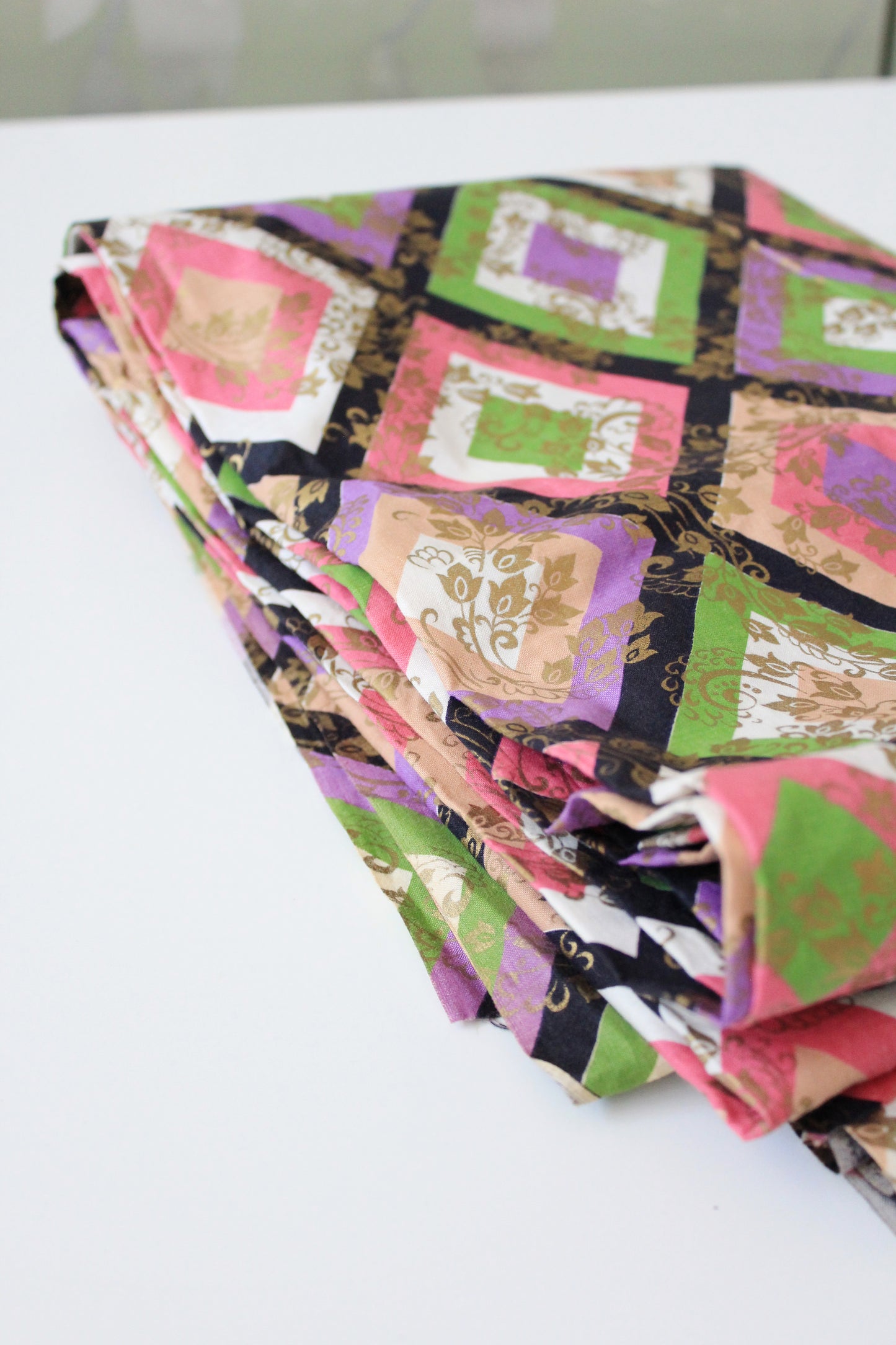 1960s Colourful Geometric Diamond Print Fabric Pink/Green/Purple, 1.6 Yards / 4.1 Yards