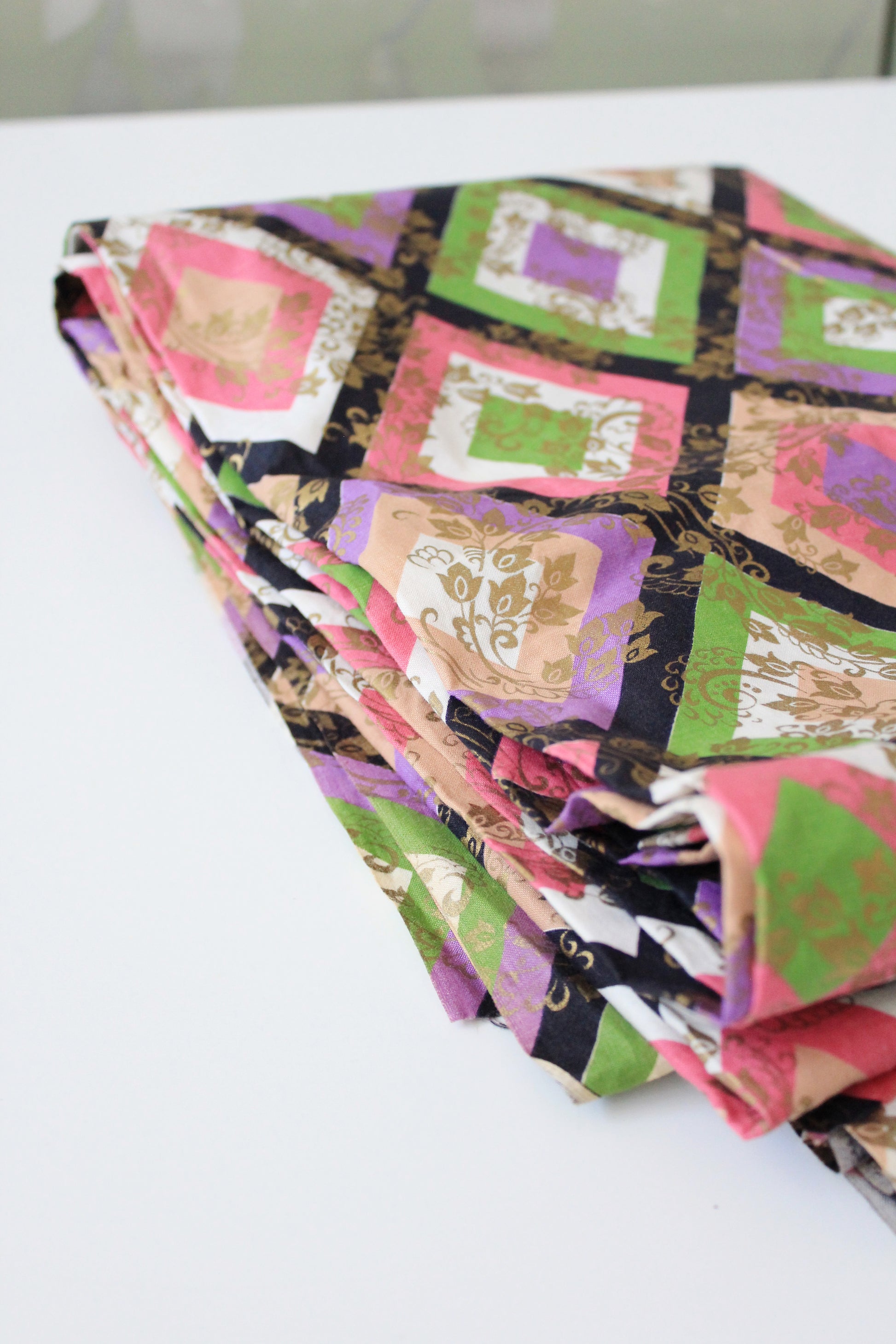 1960s Colourful Geometric Diamond Print Fabric Pink/Green/Purple, 1.6 Yards / 4.1 Yards