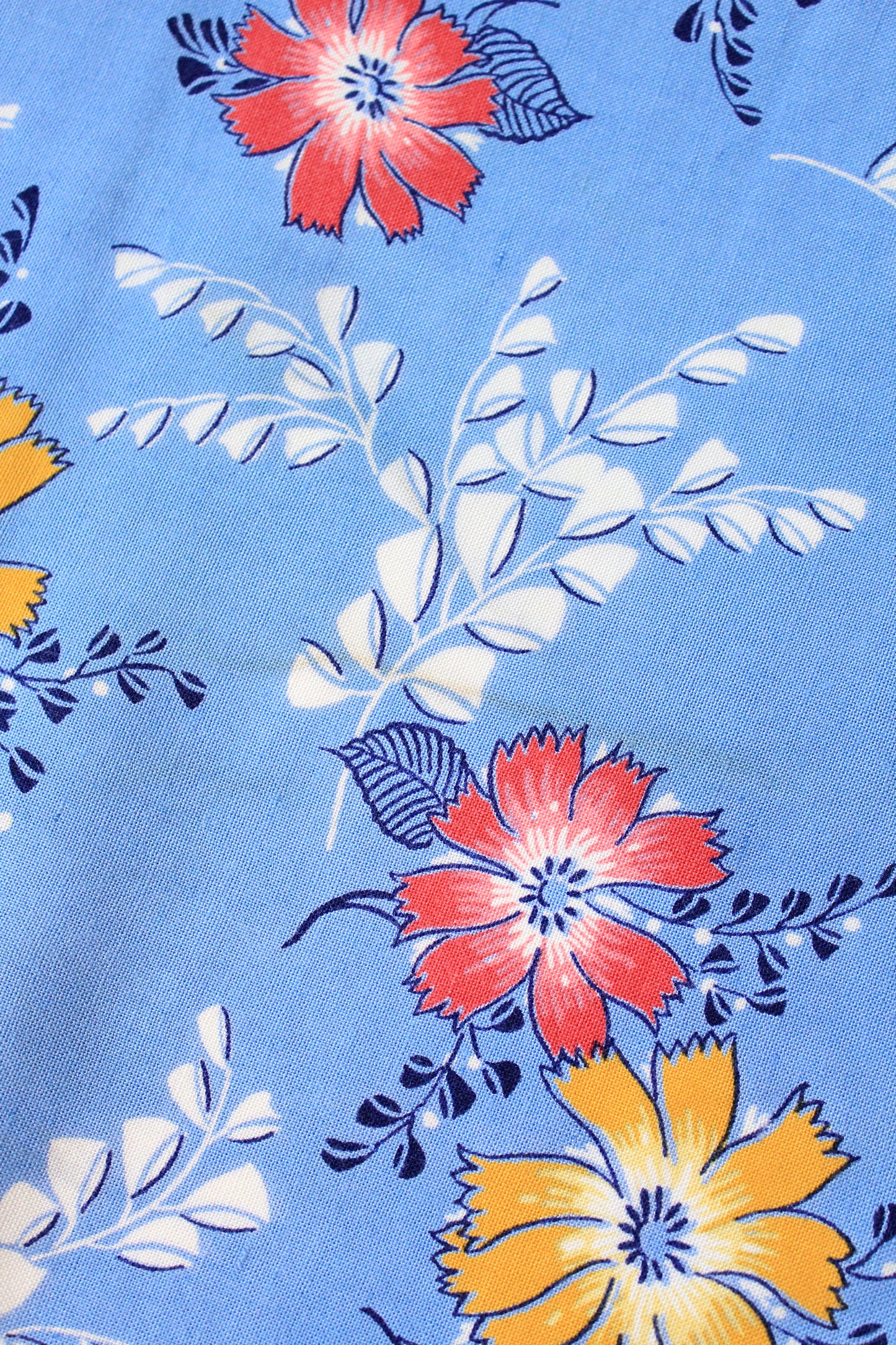 1940s Medium Blue With Red And Yellow Tropical Flowers, Rayon Fabric, 8 Yards