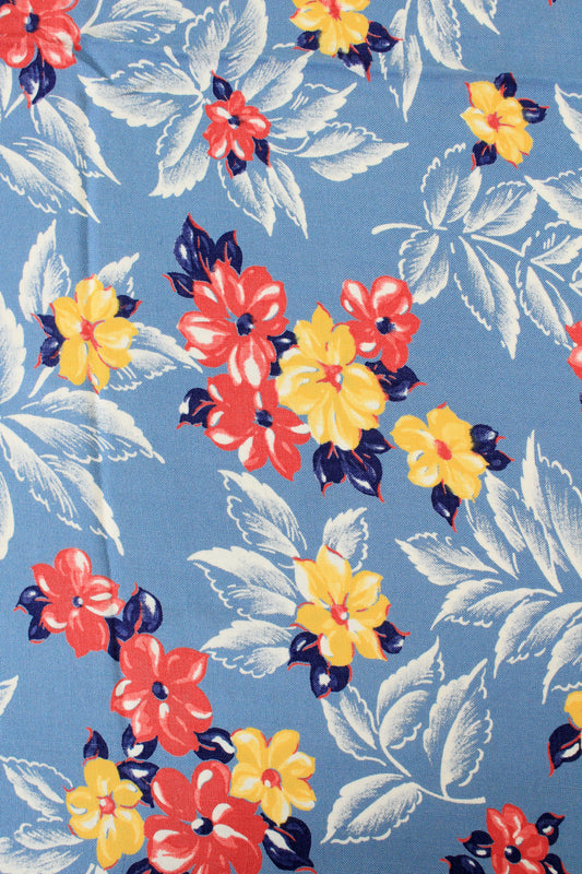 1940s Light Blue Rayon Fabric With Red And Yellow Tropical Flowers, 6.5 Yards