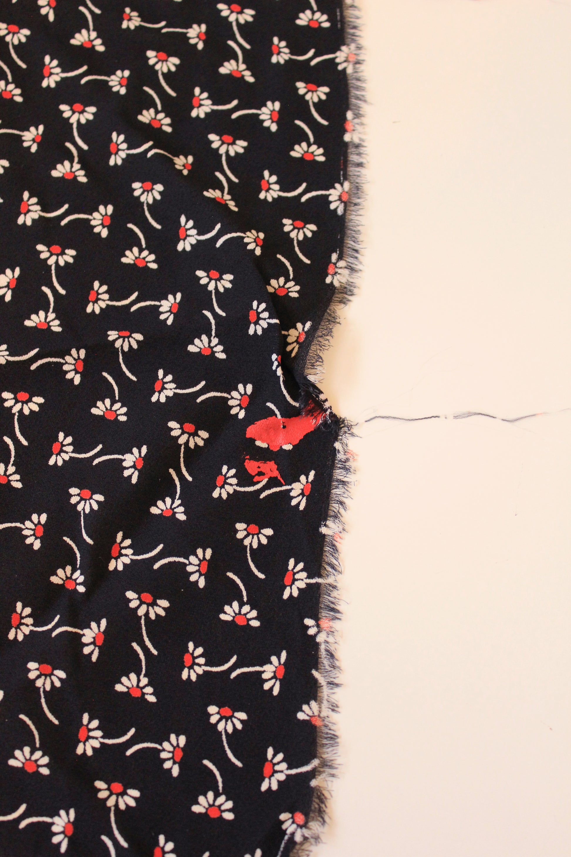 1930s Navy Blue And White With Red Flowers Rayon Fabric, 3 Yards