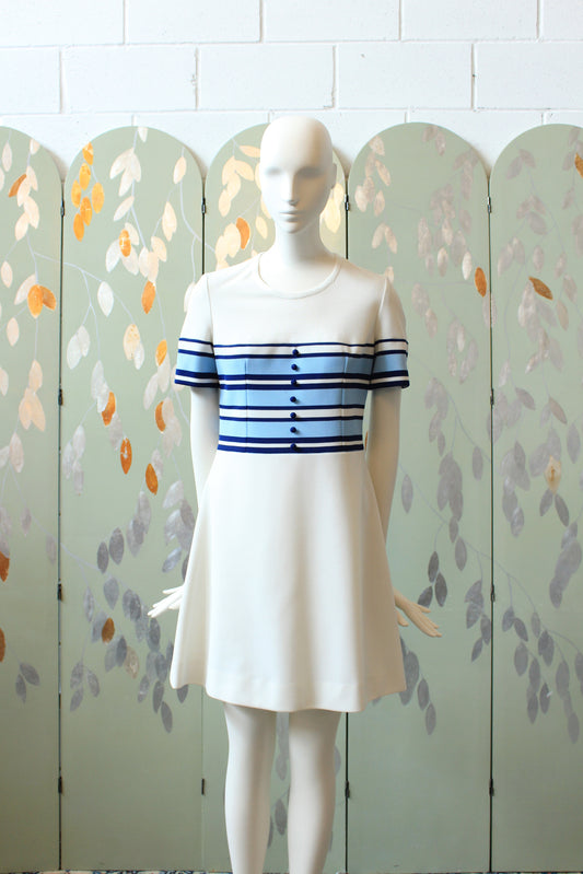 1970s White Short Sleeve Two Toned Blue Stripes A line Summer Dress, Small