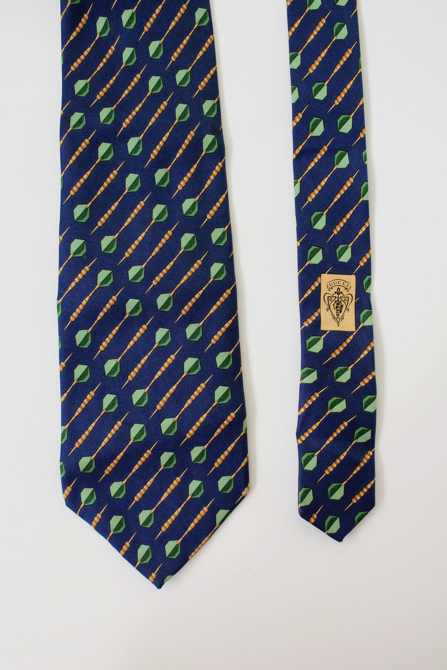 1990s Gucci Navy Blue With Repeating Darts Designer Silk Tie