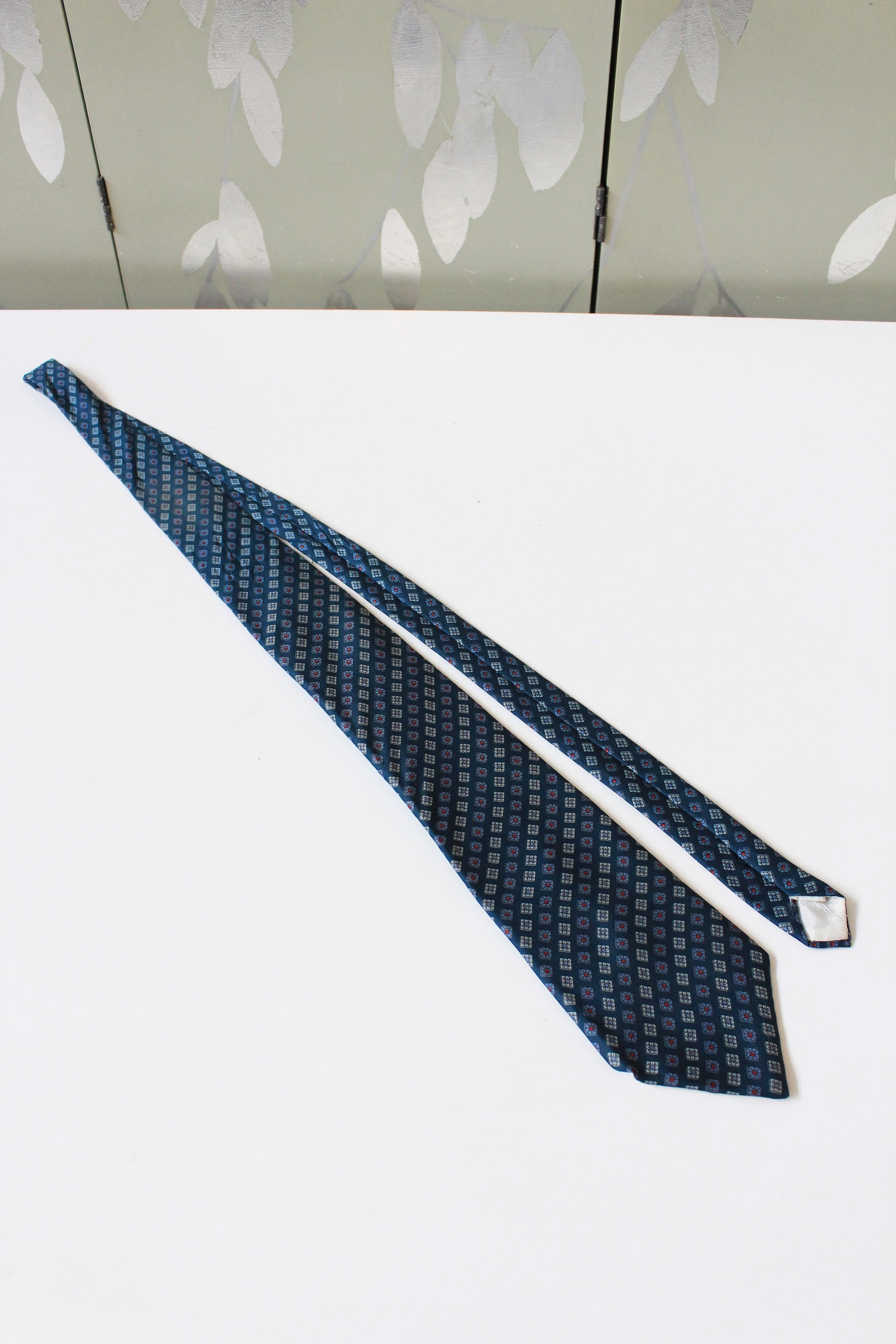 1990s YSL Dark Teal Silk Designer Tie With Repeating Pattern 