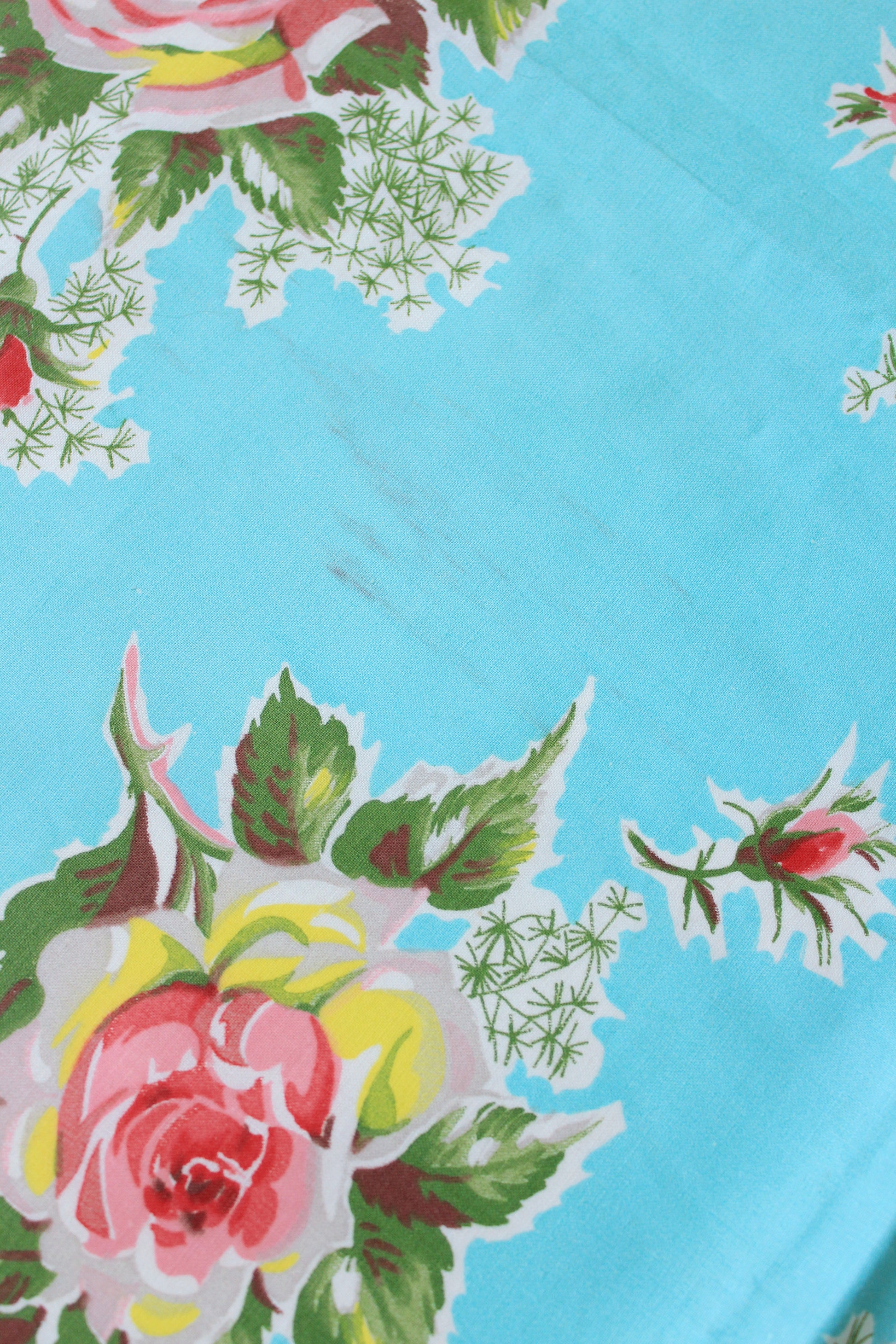 1950s Bright Blue And Romantic Illustrated Floral Cotton Fabric, 3.9 Yards