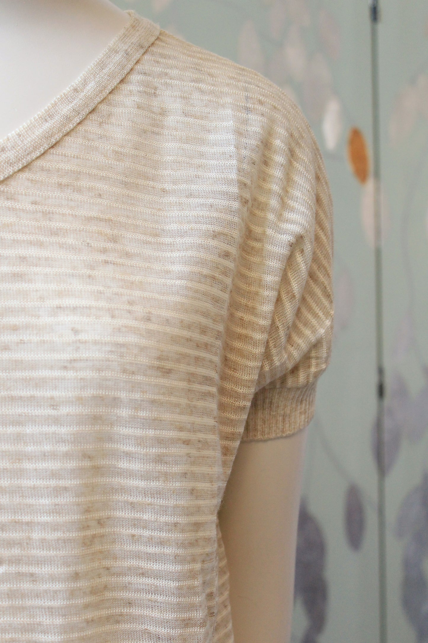 1980s Cream And White  Deadstock Short Sleeve Knit Top With Pin stripes, Medium