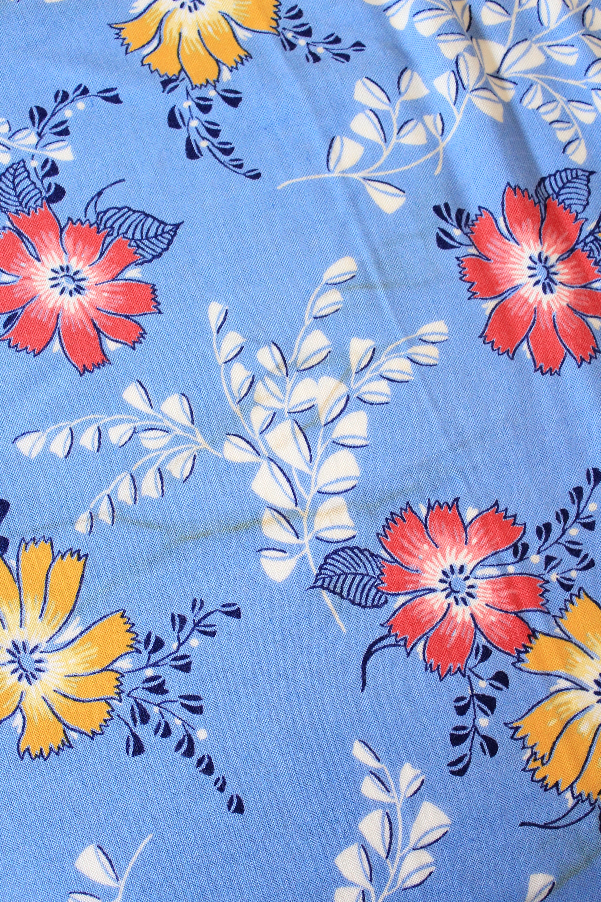 1940s Medium Blue With Red And Yellow Tropical Flowers, Rayon Fabric, 8 Yards