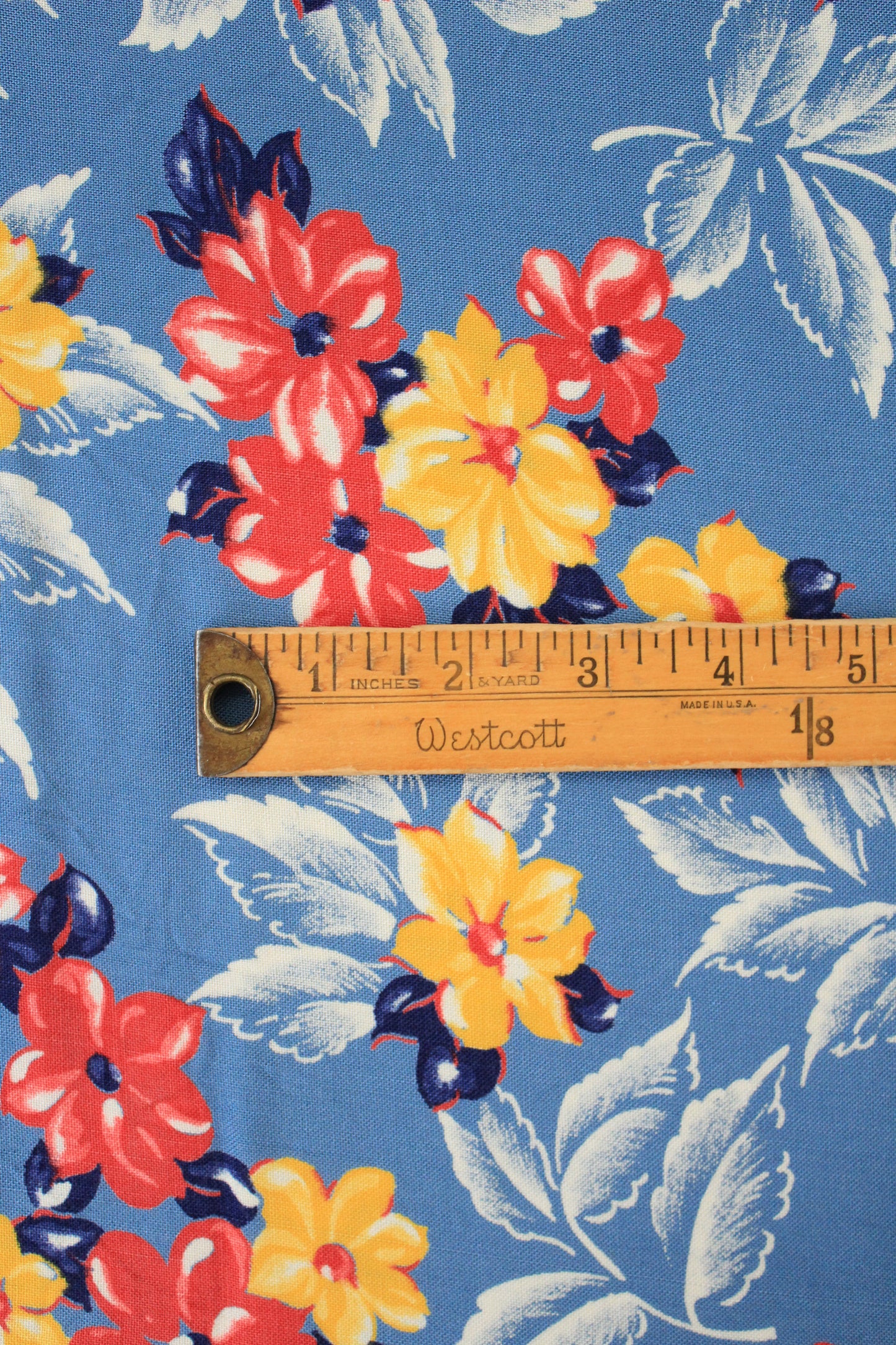 1940s Light Blue Rayon Fabric With Red And Yellow Tropical Flowers, 6.5 Yards
