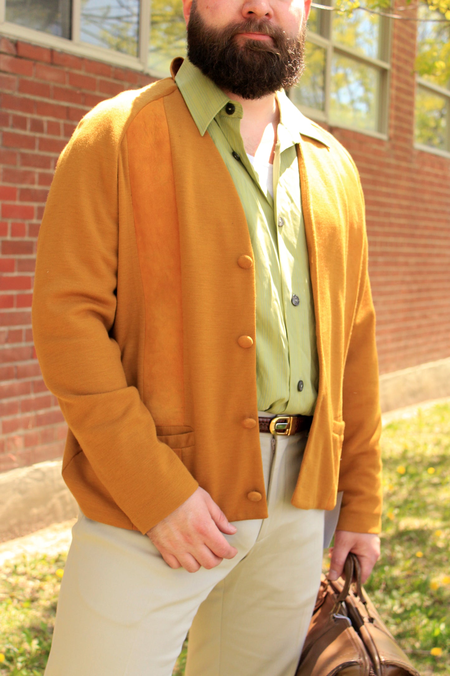 Vintage 1960s Men's Mustard Yellow Suede Panel Wool Cardigan, L/XL