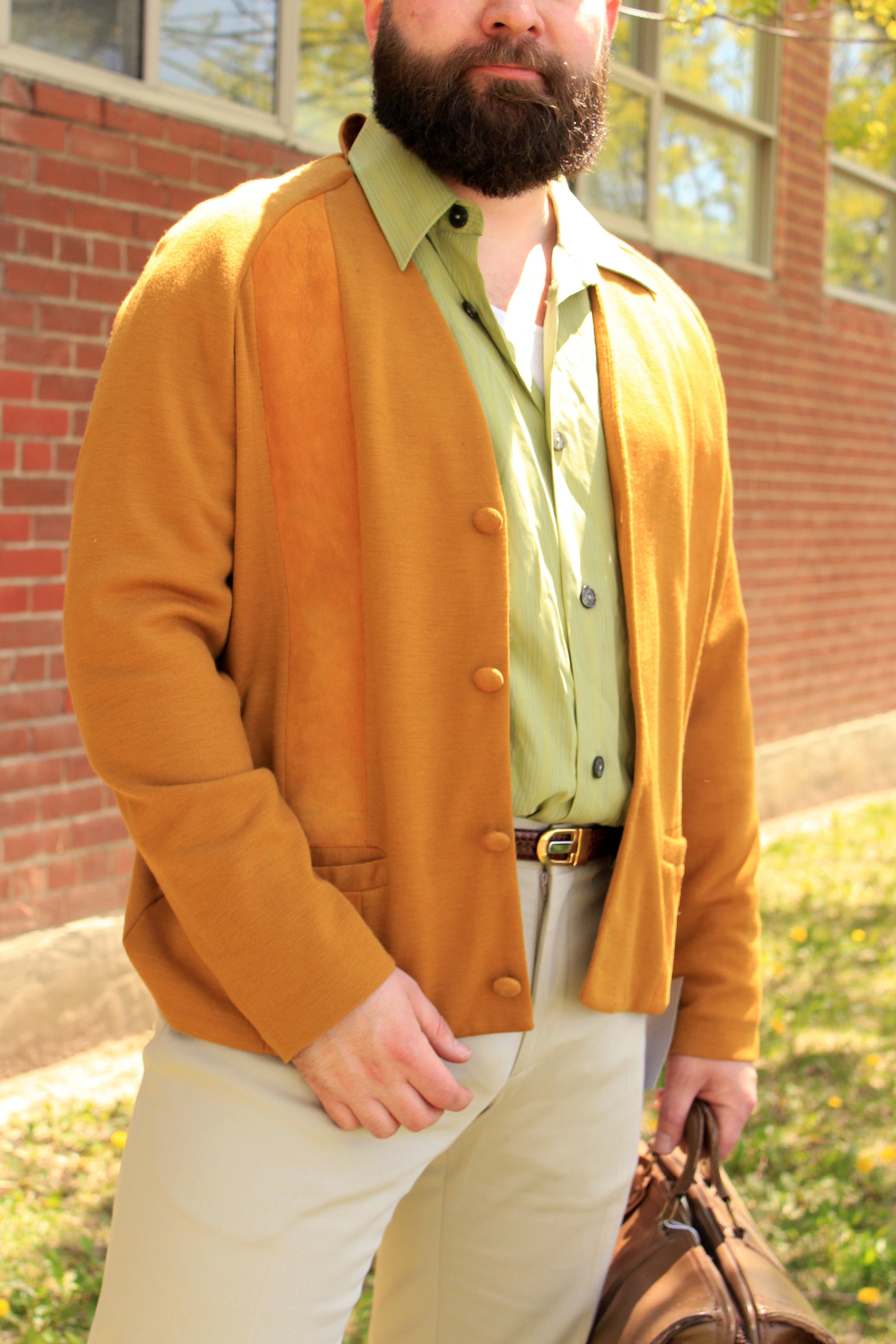 Vintage 1960s Men's Mustard Yellow Suede Panel Wool Cardigan, L/XL
