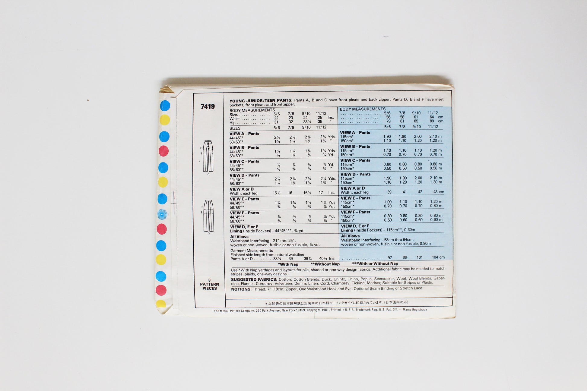 1980s Junior/Teen Pattern For Girls, Pants Or Shorts McCall's 7419 Sewing Pattern, Uncut Size 7-8