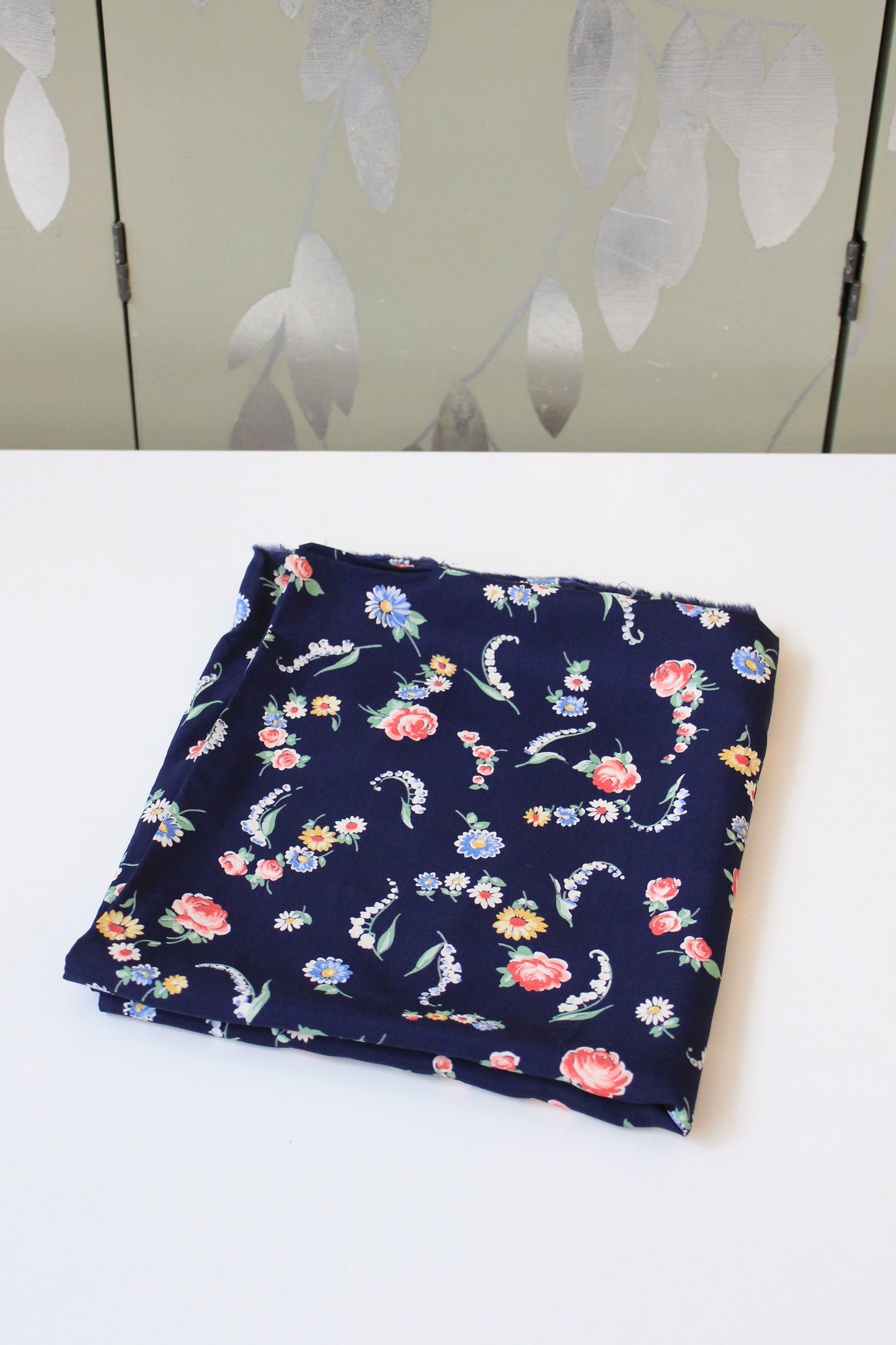 1940s Blue With Multi-Coloured Flowers Rayon Fabric, 2.5 Yards