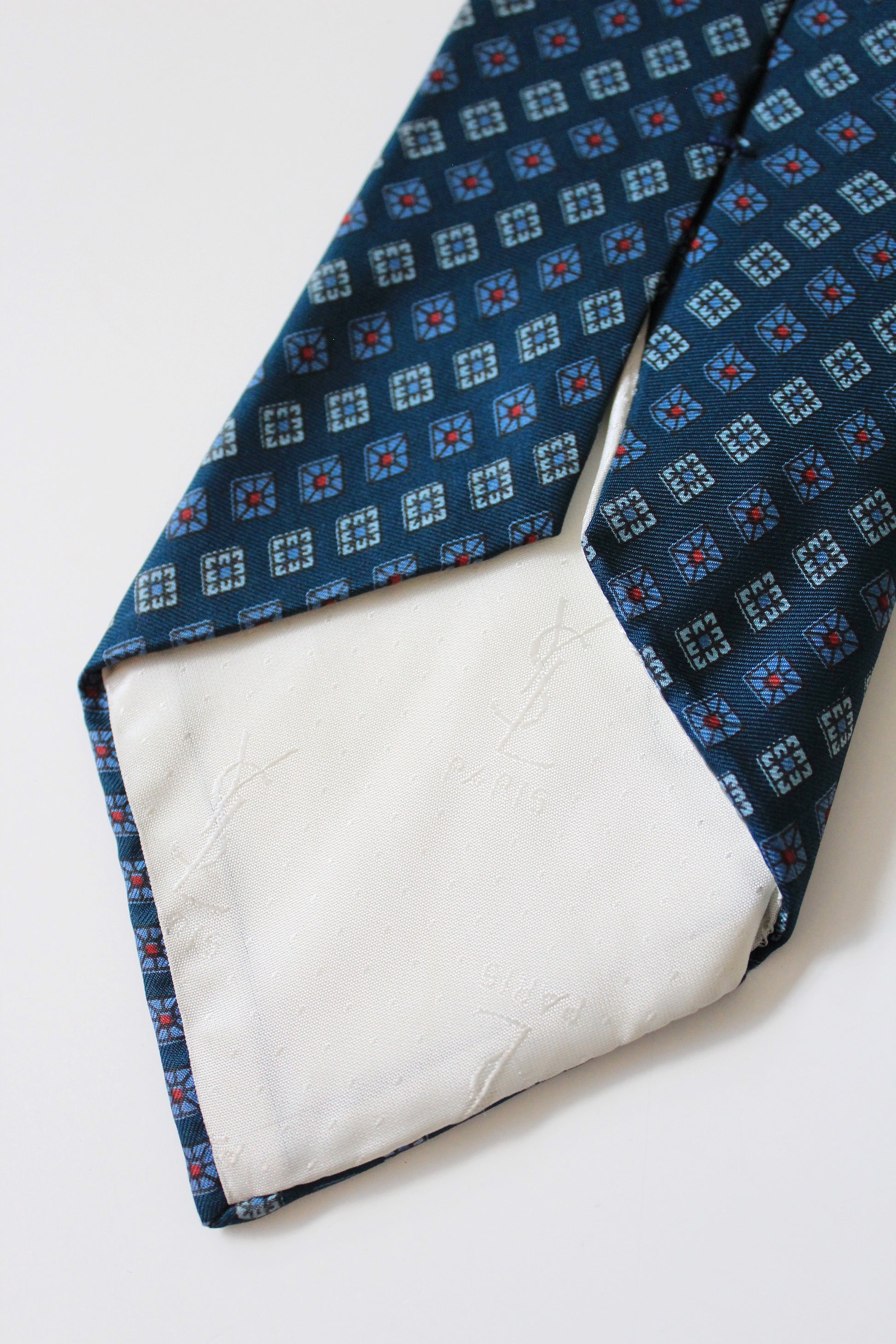 1990s YSLDark Teal Silk Designer Tie With Repeating Pattern 