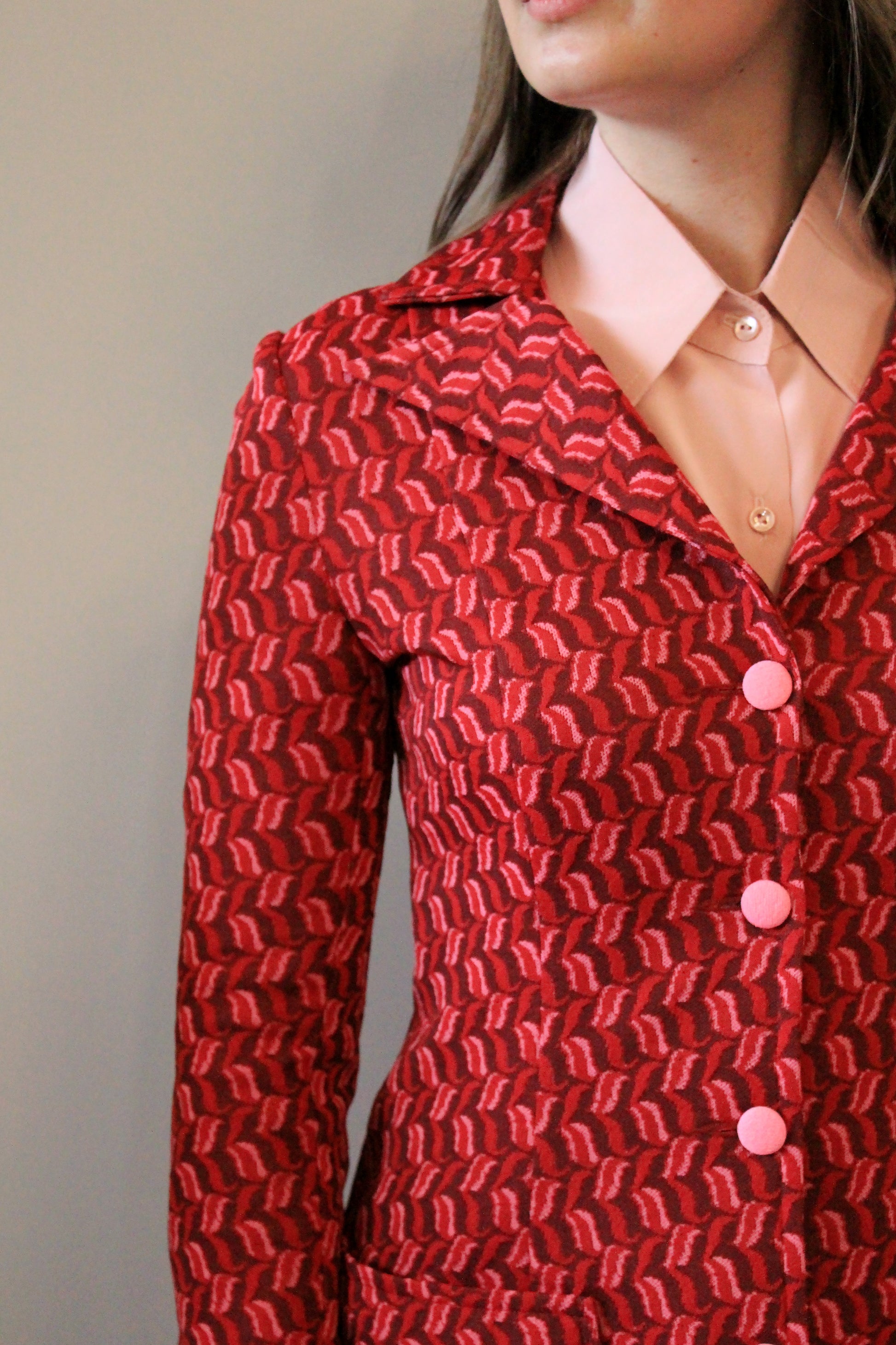 Reproduction 1970s Dusty Rose Pink Long Sleeve Silk Blouse, Medium