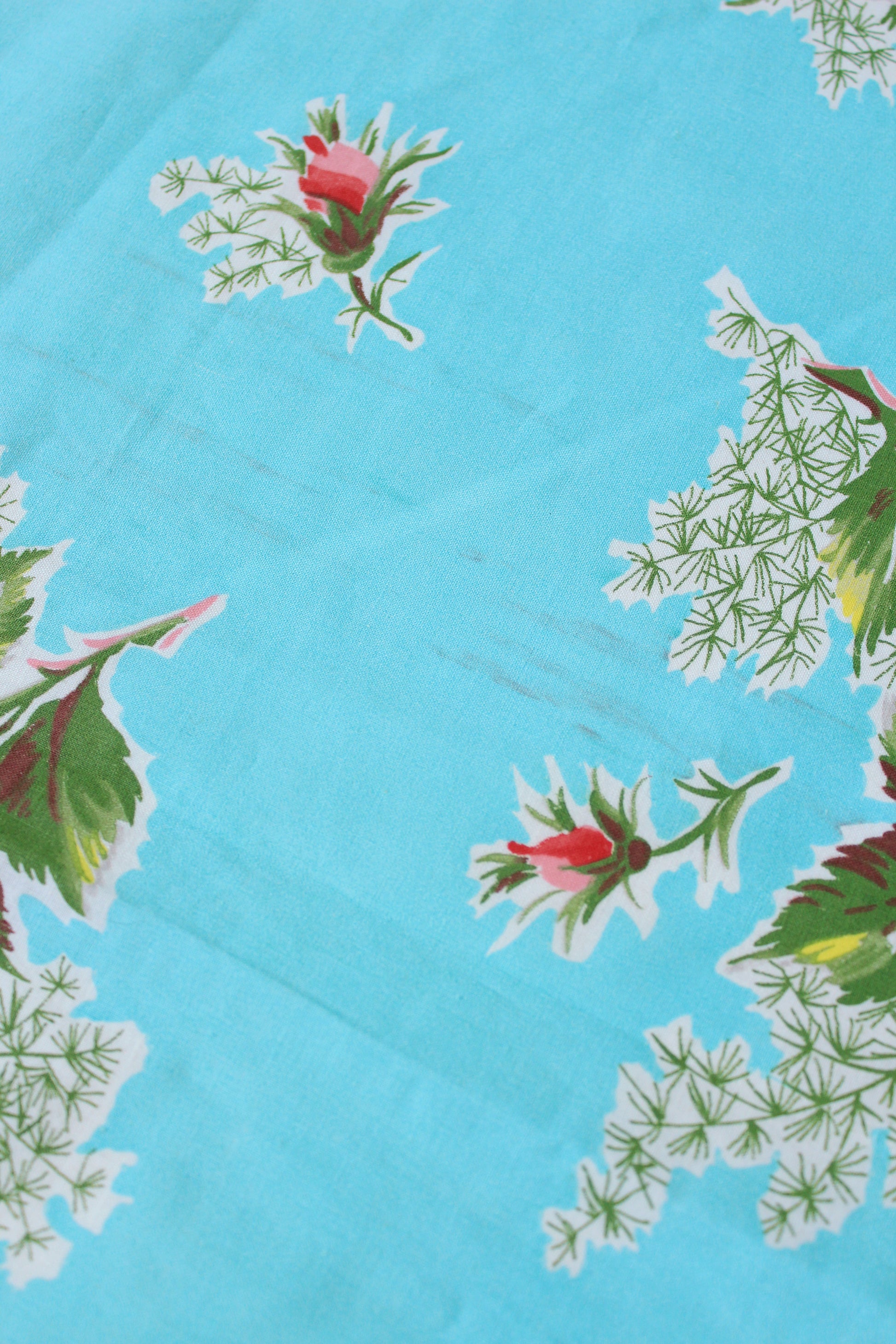 1950s Bright Blue And Romantic Illustrated Floral Cotton Fabric, 3.9 Yards
