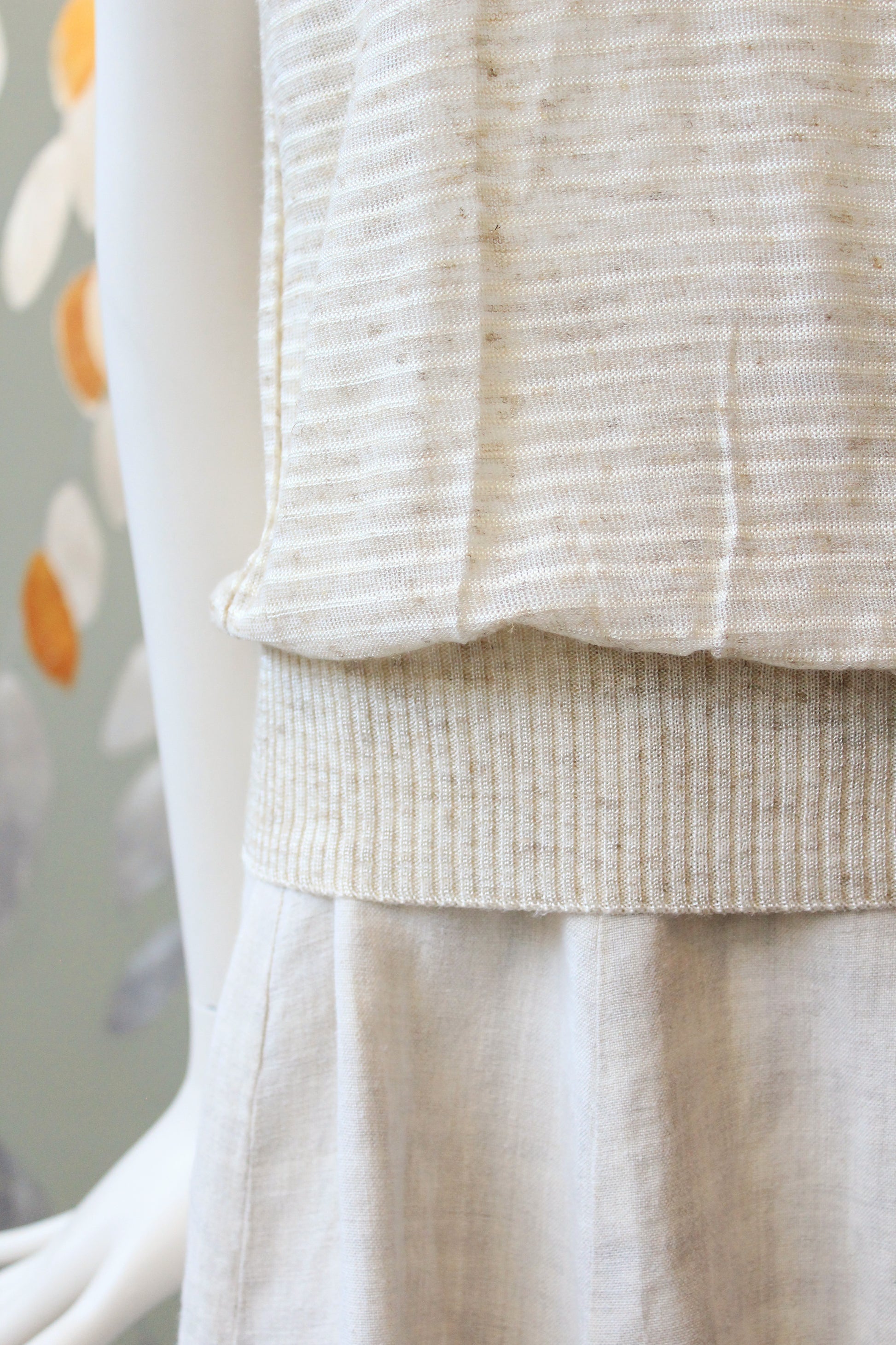 1980s Cream And White  Deadstock Short Sleeve Knit Top With Pin stripes, Medium