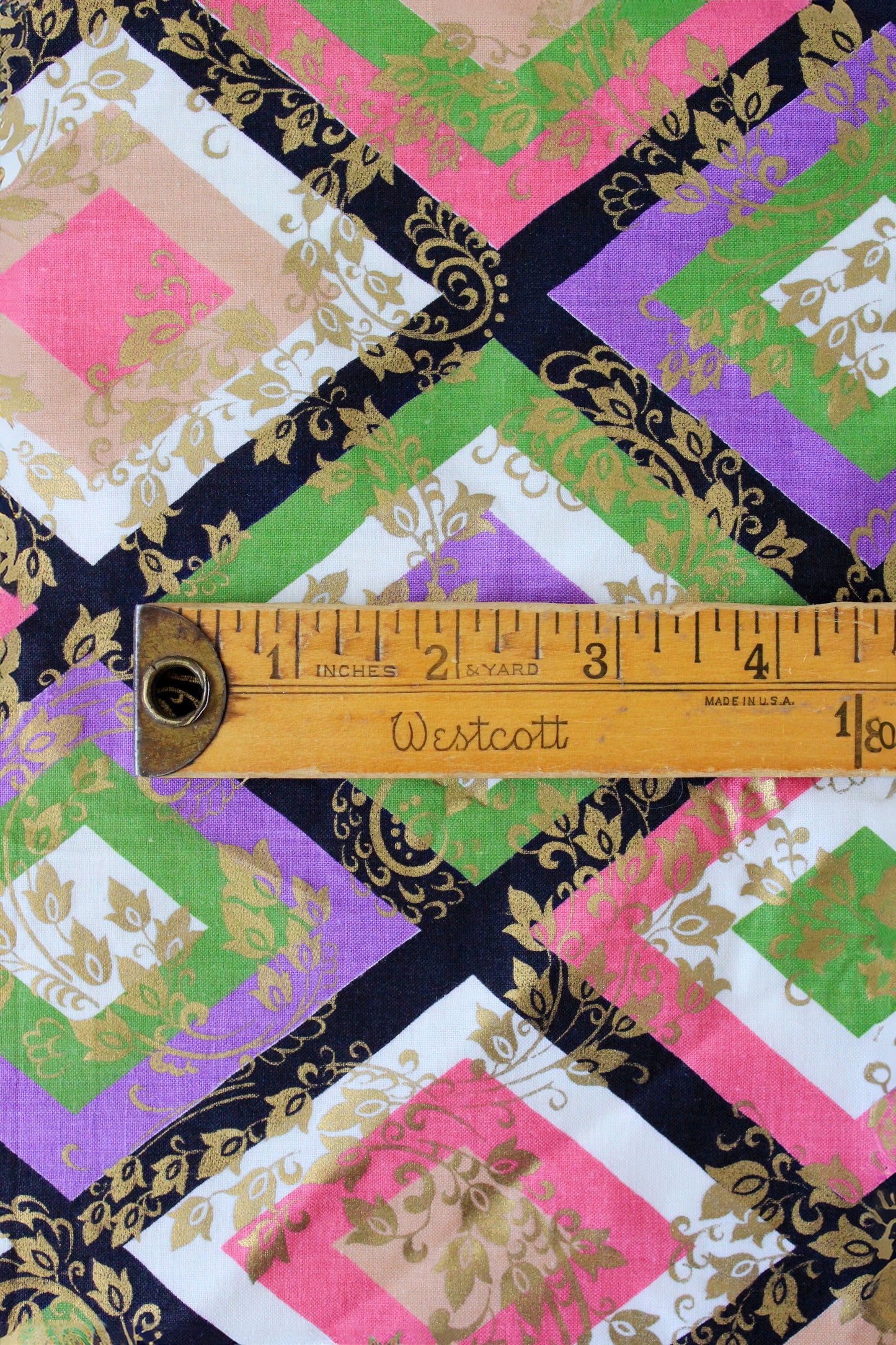 1960s Colourful Geometric Diamond Print Fabric Pink/Green/Purple, 1.6 Yards / 4.1 Yards