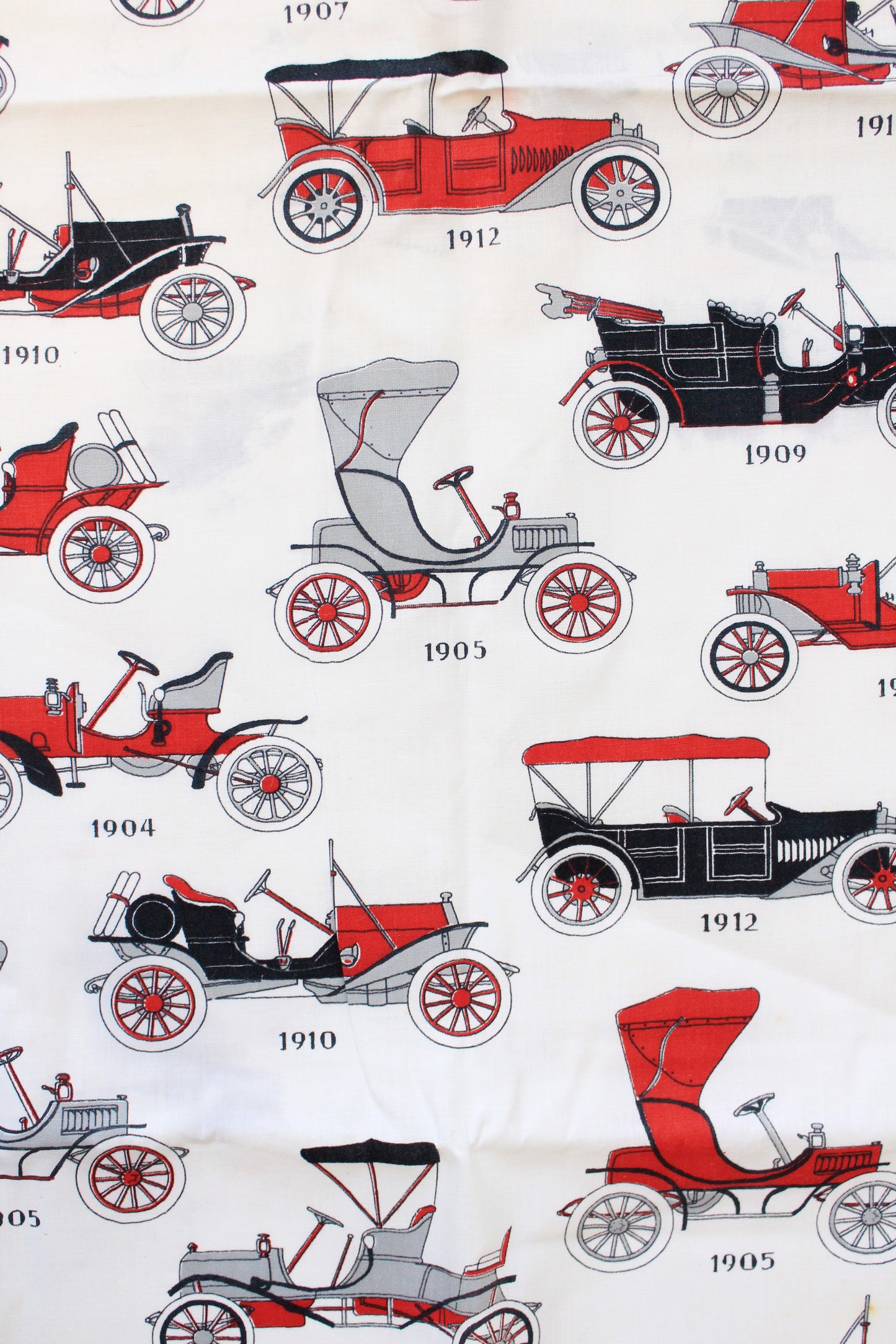 1950s/60s Novelty Antique Car Cotton Sewing Fabric In Red/Black/White, 4 Yards
