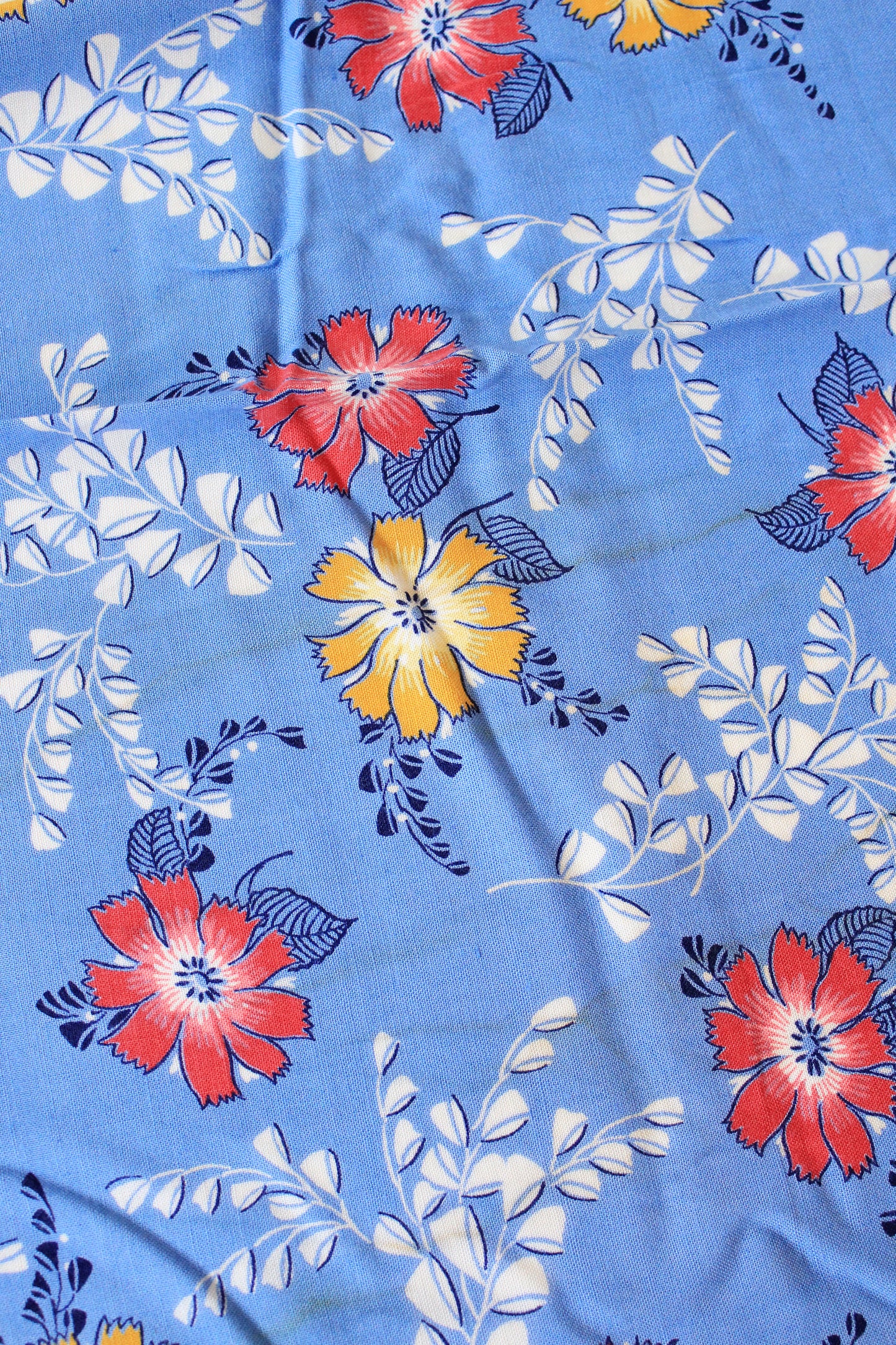 1940s Medium Blue With Red And Yellow Tropical Flowers, Rayon Fabric, 8 Yards