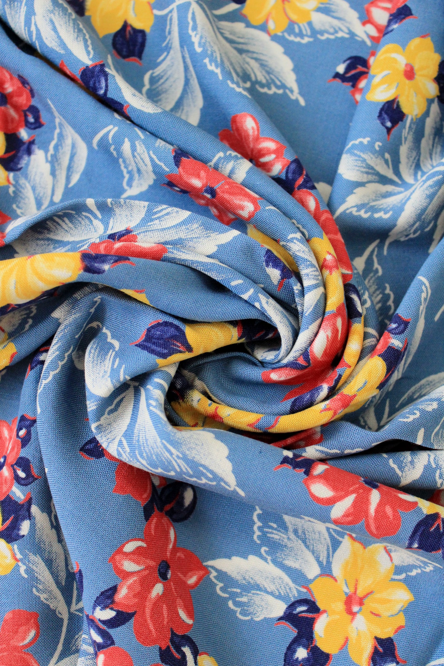 1940s Light Blue Rayon Fabric With Red And Yellow Tropical Flowers, 6.5 Yards