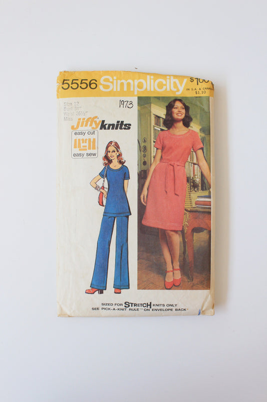 1970s Knit Dress Or Tunic With Pants Simplicity 5556 Sewing Pattern, Cut-Complete, 12